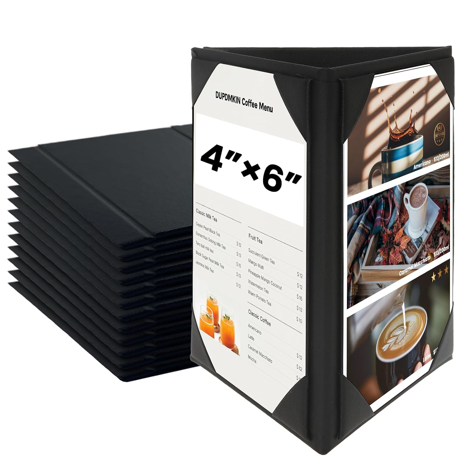 12 Pack Table Tent Triangle Menu Holders 4x6 Inch, 3-Sided PU Leather Menu Covers for Restaurant, Bar, Cafe, Wedding
