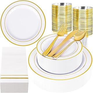 GATHER 350PCS Gold Plastic Plates - White and Gold Disposable Plastic Dinnerware Set Include 50 Dinner Plates, 50 Dessert Plate, 150 Silverware, 50 Napkins, 50 Cups for Party & Wedding & Christmas