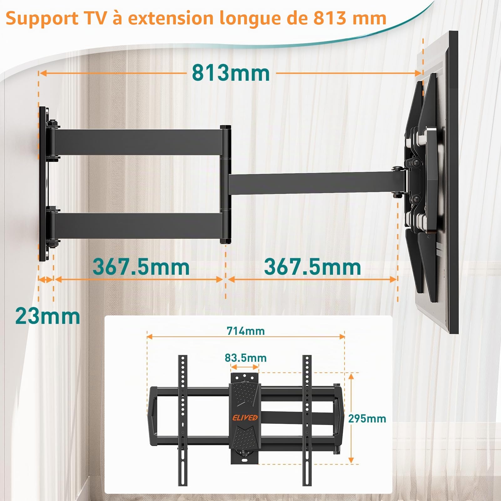 ELIVED Support mural de 813 mm pour la plupart des téléviseurs de 37 à 75 pouces | Bras d'extension, inclinable, pivotant, support mural d'angle pour TV, VESA max 600 x 400 mm, supporte jusqu'à 45 kg