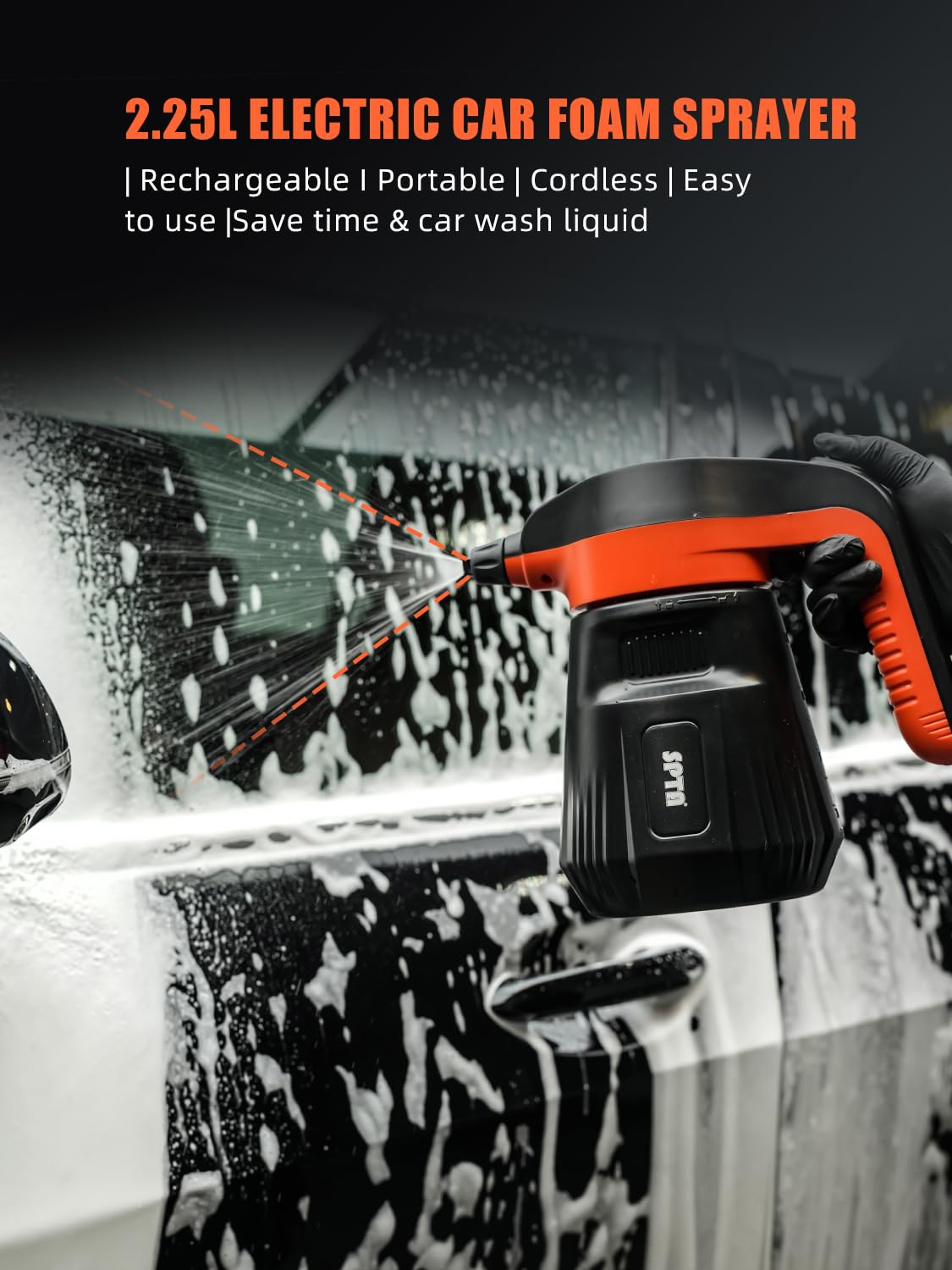 SPTA Electric Pressurized Soap Sprayer - 2.25L/76 oz Cordless Car Foam Sprayer with 500ML Car Wash Shampoo for Detailing
