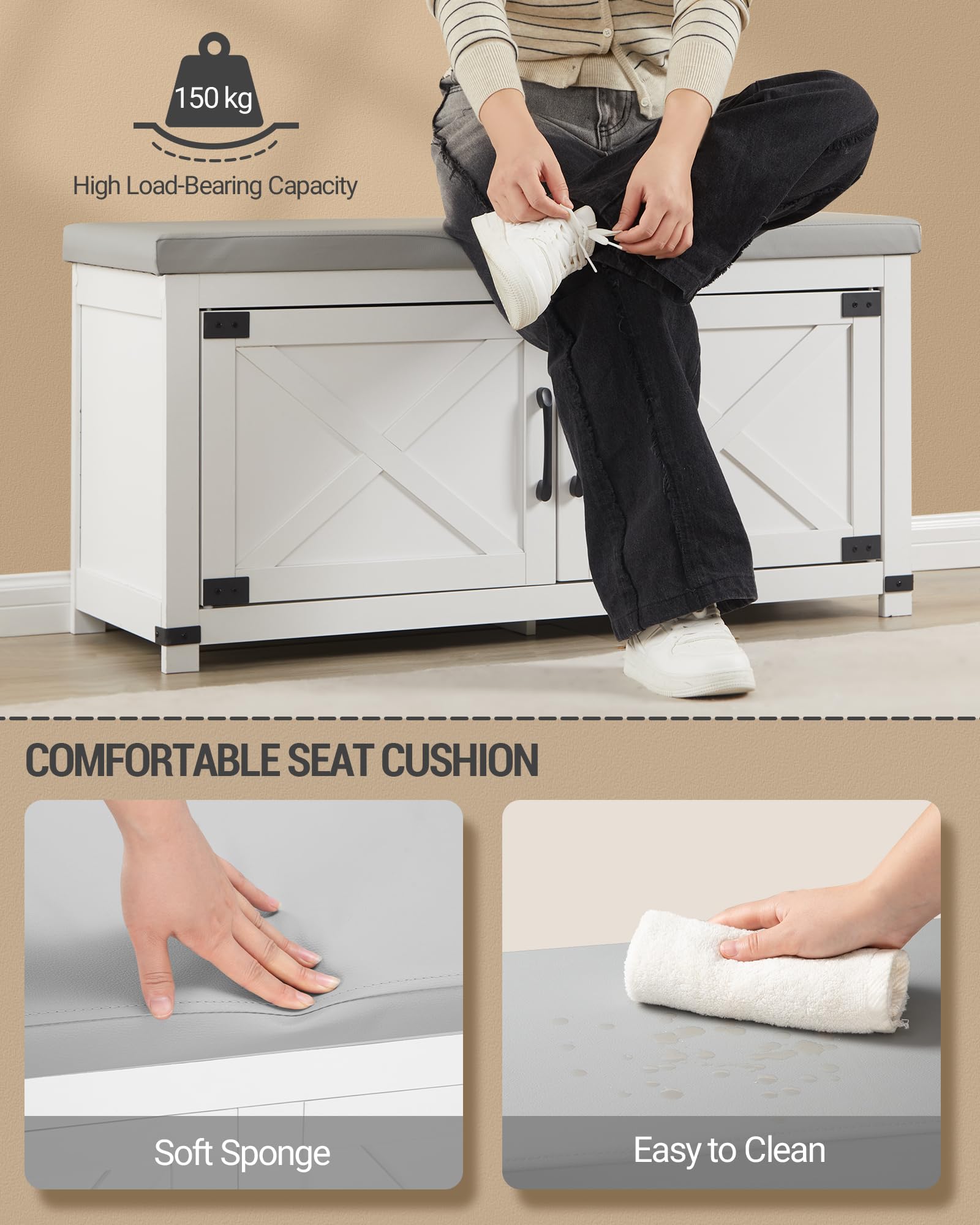 Hzuaneri Panca Scarpiera con Cuscino, Scarpiera da Ingresso Panca con Porte, 8 paia di scarpe, 35 x 100 x 49 cm, Bianco SB26603GY
