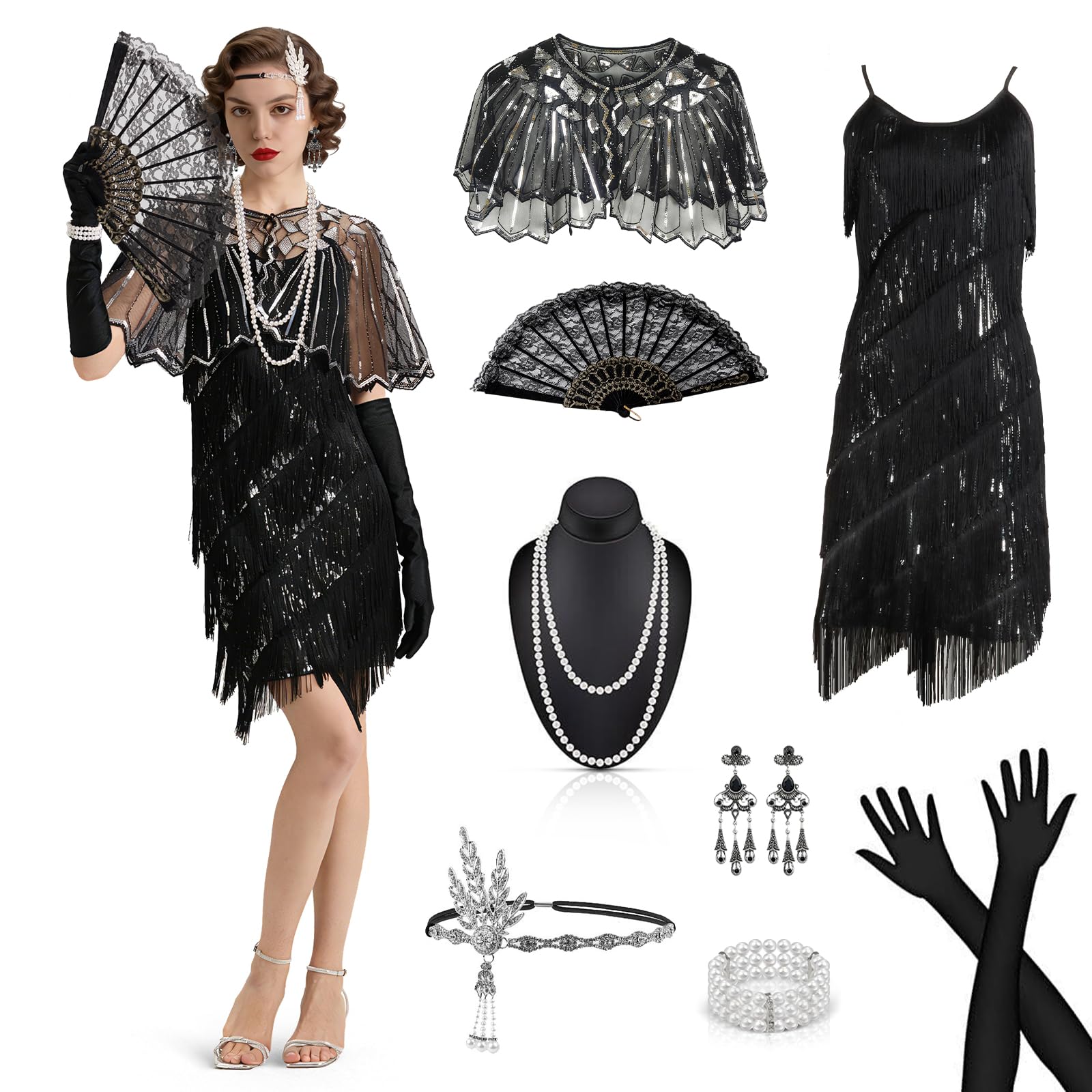 Joellfuner 20er Jahre Kostüm Damen, Gatsby Fransen Kleid Damen, Charleston Flapper Pailletten Outfit mit Kopfbedeckung Handschuhen Halskette Armband Ohrringen für Halloween Karneval Fasching