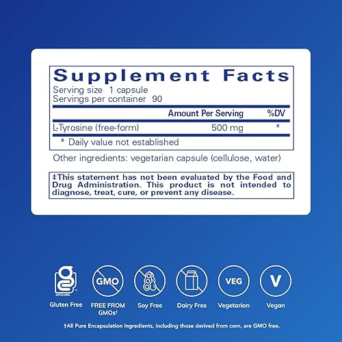 Miniatura 2 de Pure Encapsulations L-tirosina - Suplemento de aminoácidos - para apoyo cerebral, dopamina y función tiroidea* - Vegano y sin OMG - 90 cápsulas