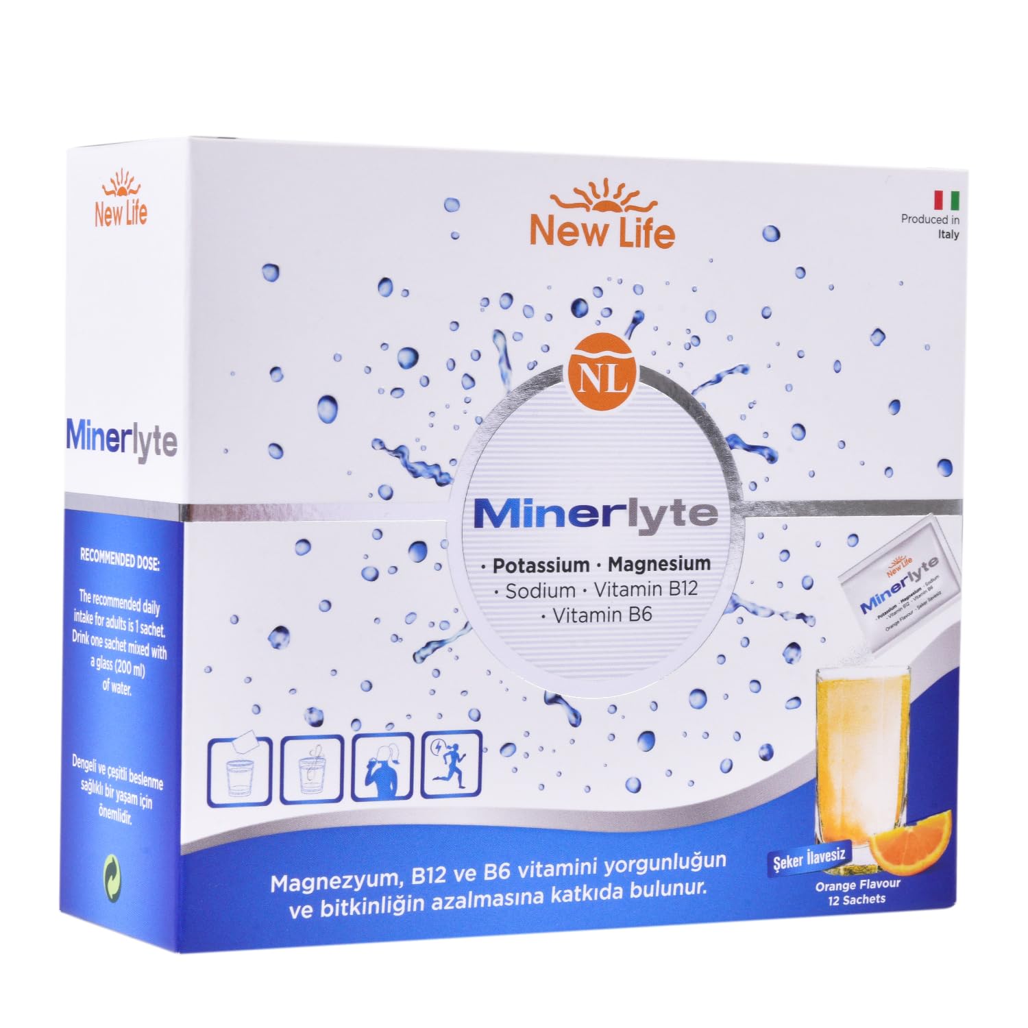 New Life Minerlyte - Magnezyum Sitrat - Potasyum - Sodyum - B6 ve B12 Vitamini - Elektrolit Çözeltisi - 12 Saşe