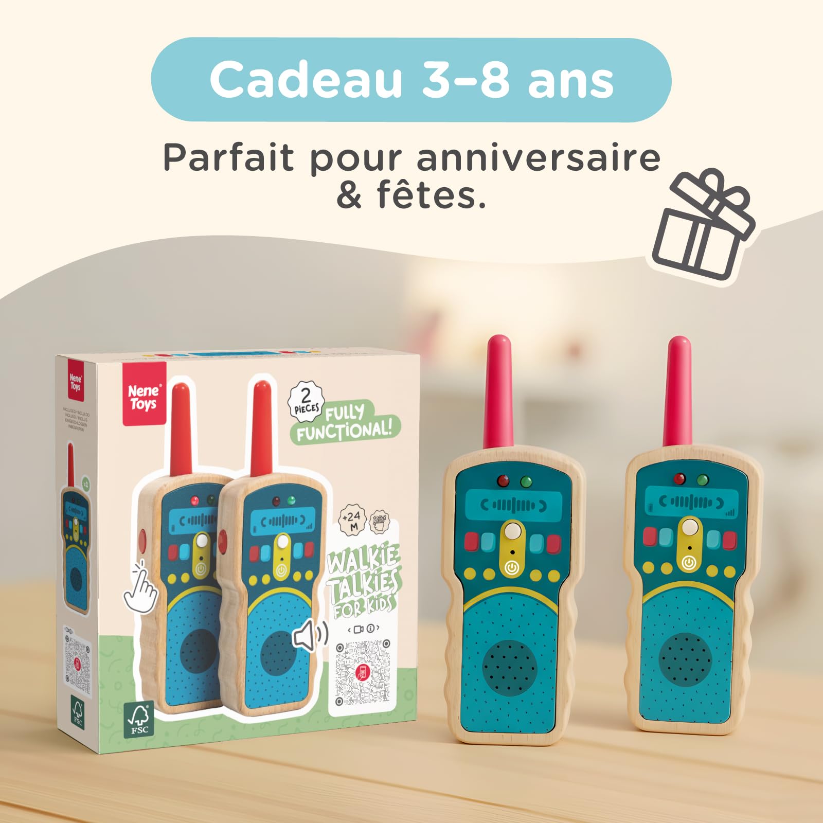 Nene Toys Talkie-Walkies en Bois pour Enfants – Vrais 2-Voies, portée 500 m – Push-to-Talk, Un Seul Canal – Hêtre FSC®, sûr & Durable – Jeu intérieur/extérieur – Cadeau 2–8 Ans