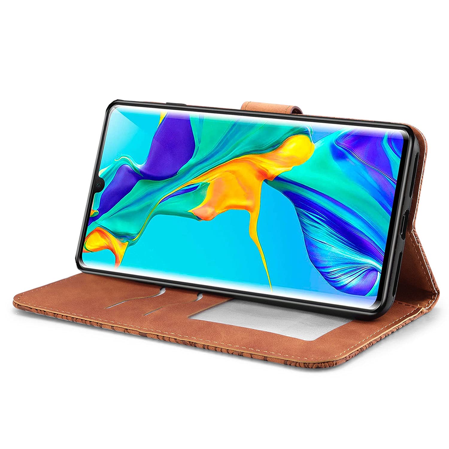 Una Cover Con Portafoglio Per Il Tuo Huawei P30 Lite, Con Il Design Dell'Albero Della Vita. Elegante, In Similpelle Marrone, Con Slot Per Carte E Funzione Stand.