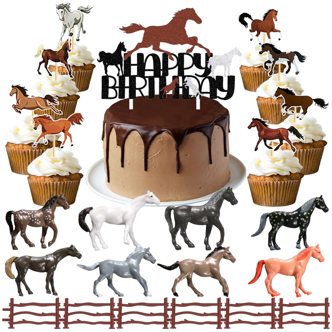 LONZIKP 16 Decorazioni per Torte e Cupcake con Motivi di Cavalli, Perfette per Feste di Compleanno a Tema Equestre, Baby Shower e Decorazioni per Party