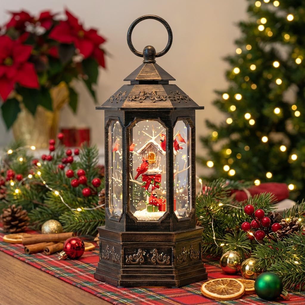 TIJNN 12" Christmas Snow Globe Lantern, Cardinals Habitat Glittering Hexagonal Music Box, USB and Battery Powered Christmas Indoor Decoration Gift