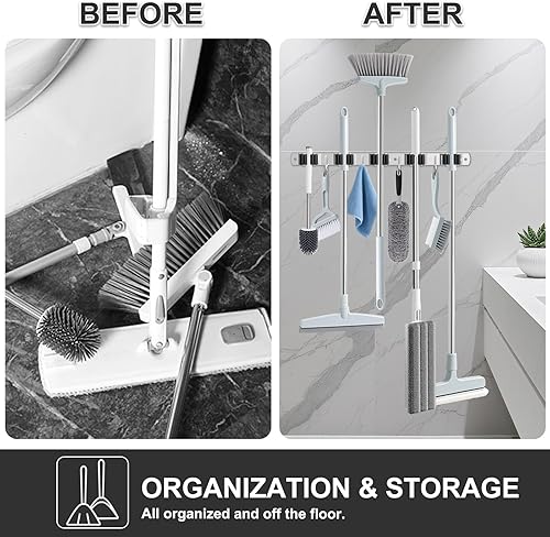 Miniatura 2 de HANZENMA Soporte de pared para escoba, organizador de escoba de acero inoxidable y colgador de trapeador, organización de almacenamiento resistente