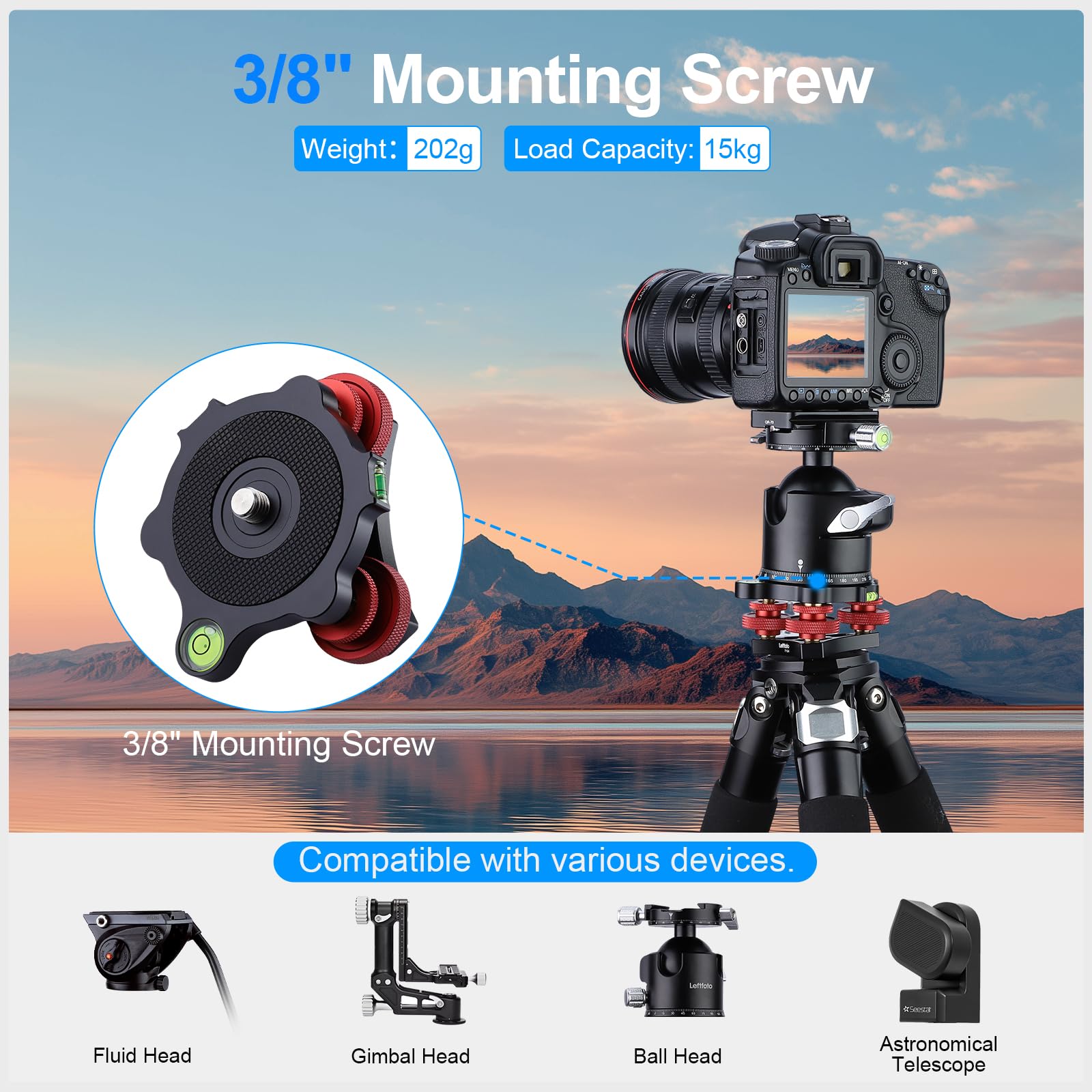 Leftfoto Trépied de nivellement avec support de réglage de précision +/- 5 degrés pour tête panoramique rotule vidéo et trépied