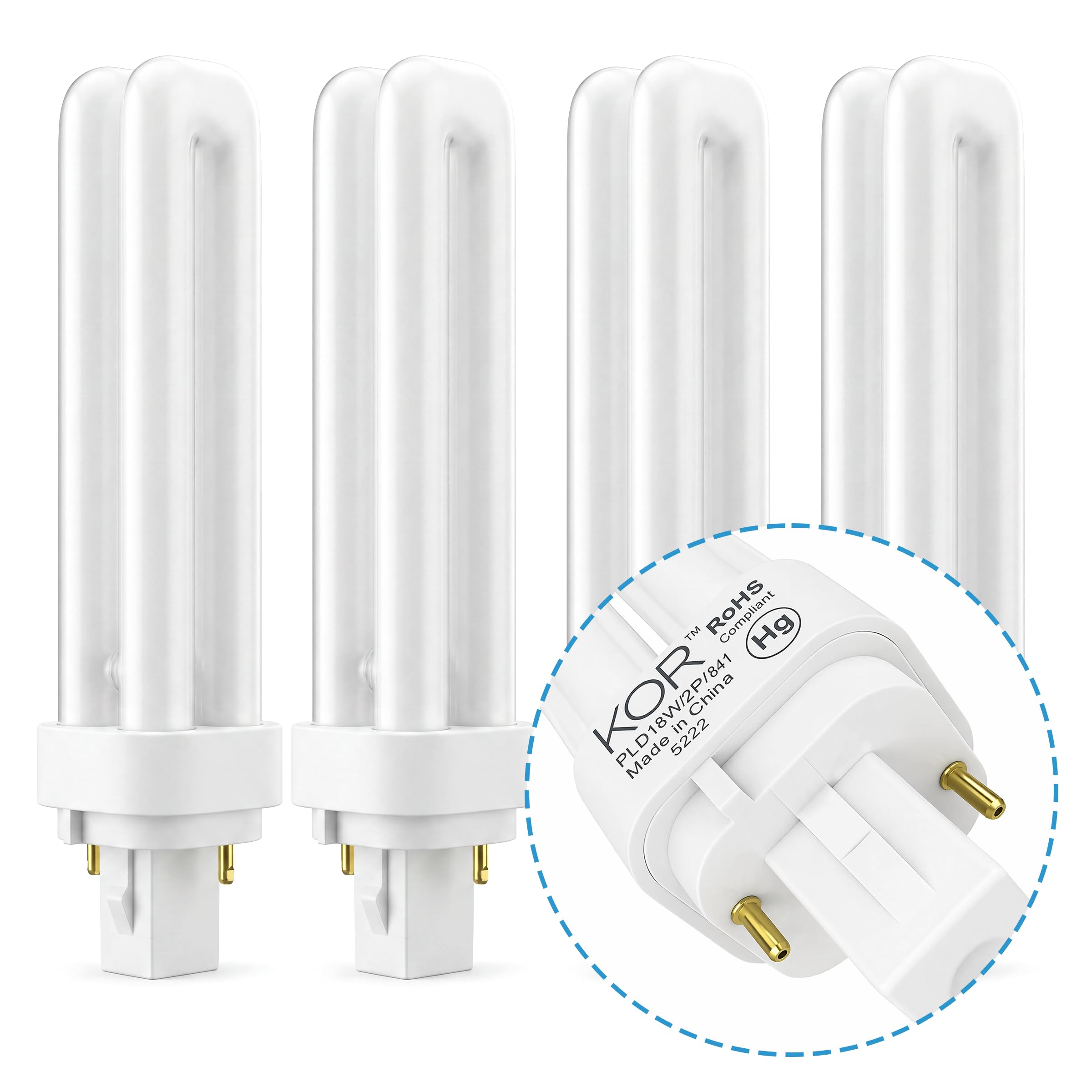 KOR 18W G24d-2 2-Pin CFL Double Tube Light Bulbs, 4100K, 4-Pack