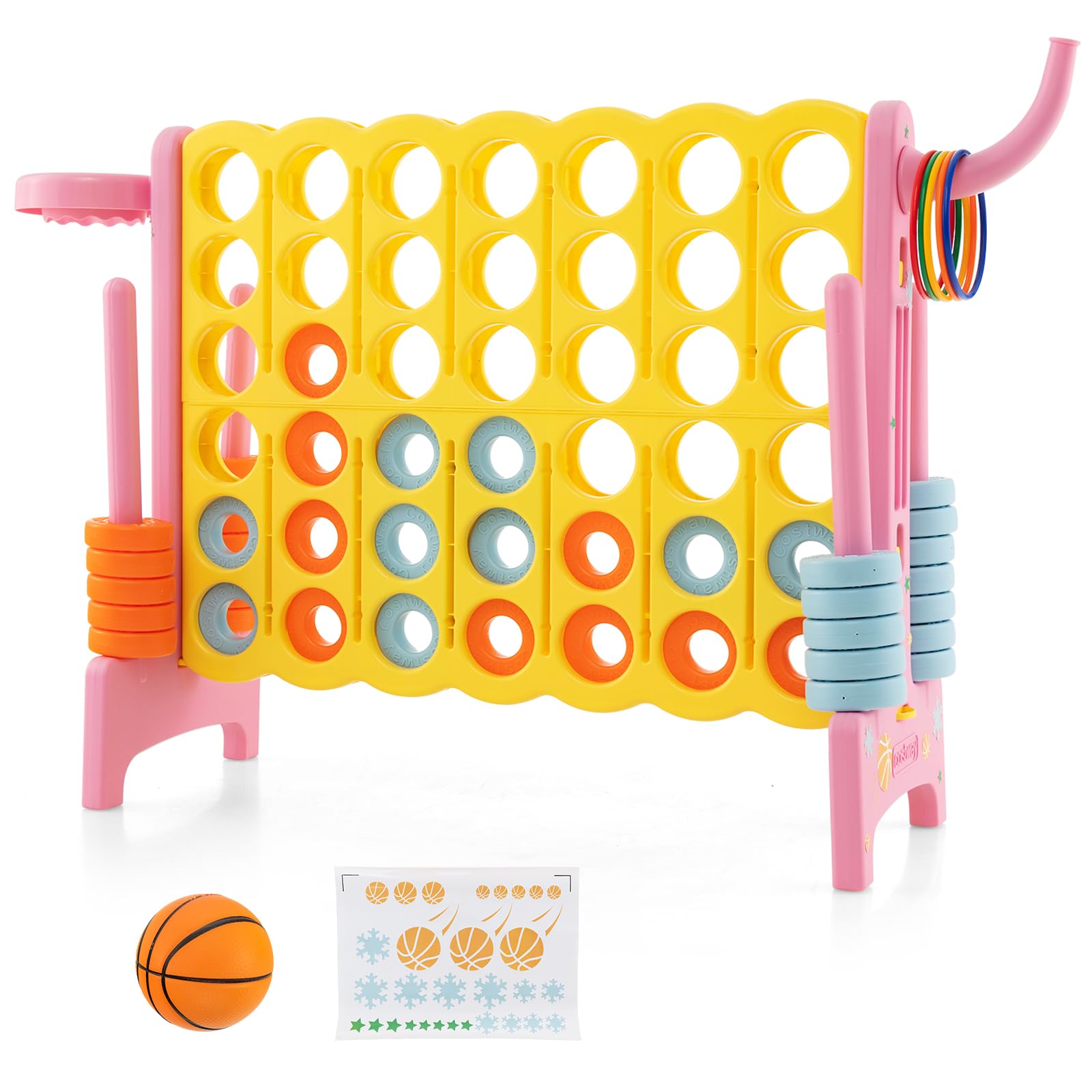 COSTWAY Giant Connect 4, 3-in-1 Family Game with Basketball Hoop, Ring Toss, 42 Jumbo Ring, 4 in A Row Game Set for Indoor Outdoor (Yellow+Pink)