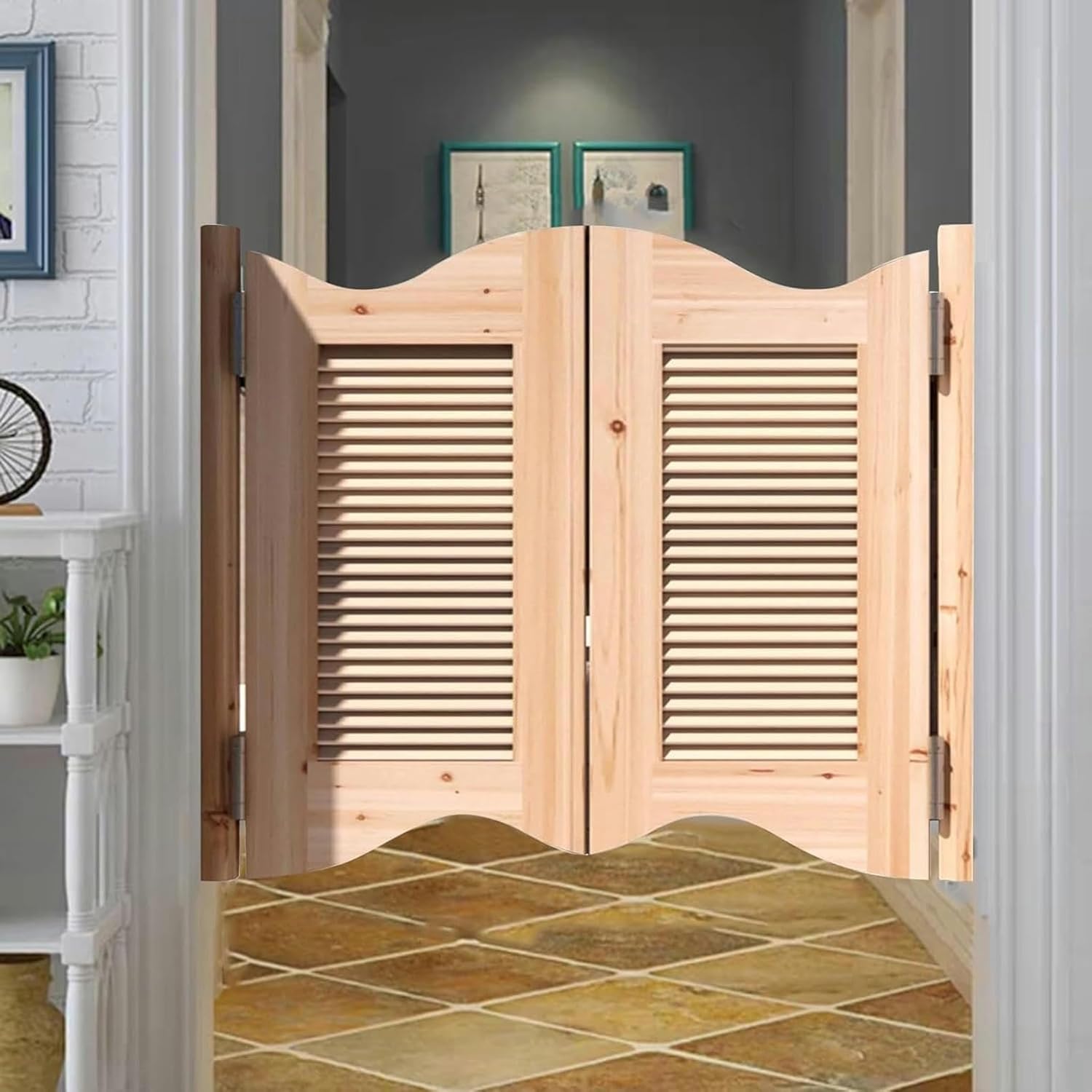 Unfinished Saloon Cafe Door with Hinges, Living Room Hallway Swinging Louvered Gate, Heavy Duty Swing Butler Door for Emporium Doorway Passages