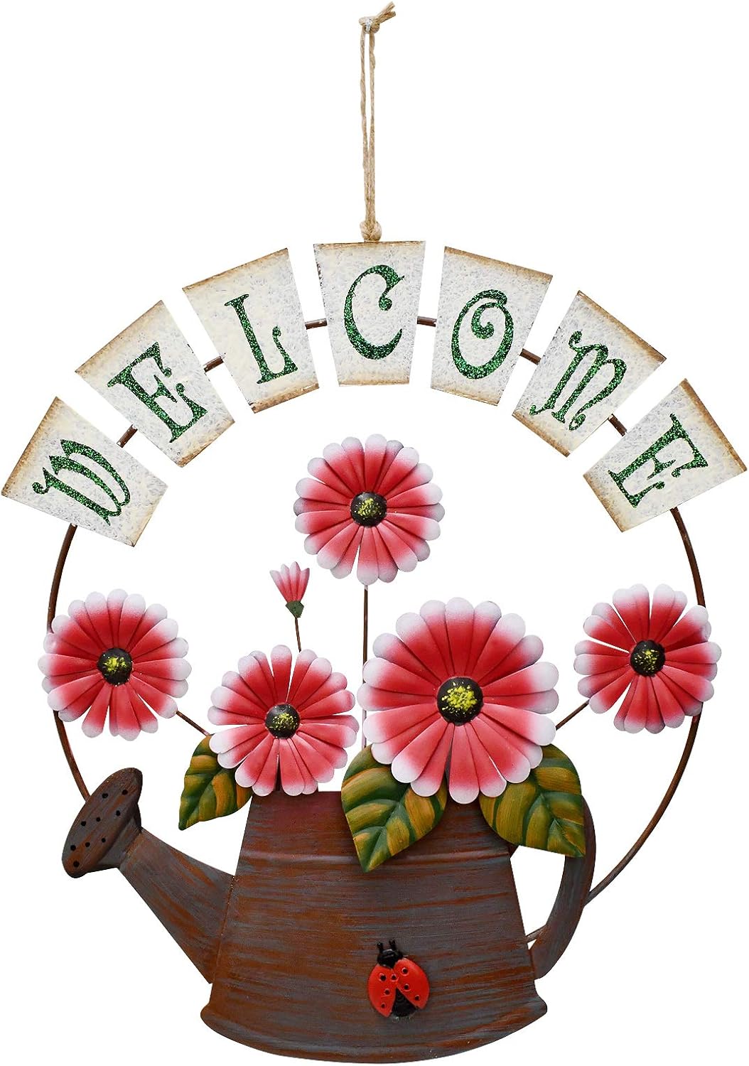 Flower Welcome Sign Decorative Vintage Metal Wall Hanging Home Garden Decor - Welcome Plaque for Front Door, Garden Themed Daisy & Can
