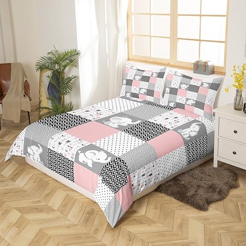 Miniatura 2 de Homewish Bonita funda de edredón de elefante para niños y niñas, funda de edredón de cuadrícula rosa, tamaño matrimonial, juego de ropa de cama de