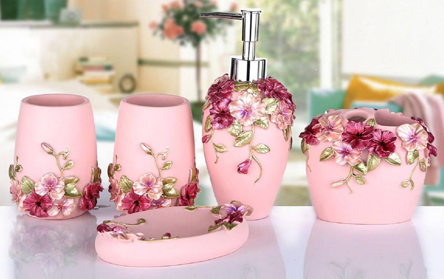 Country Style 3D Flowers Resin 5Pcs Bathroom Accessories Set Soap Dispenser/Toothbrush Holder/Tumbler/Soap Dish (White)