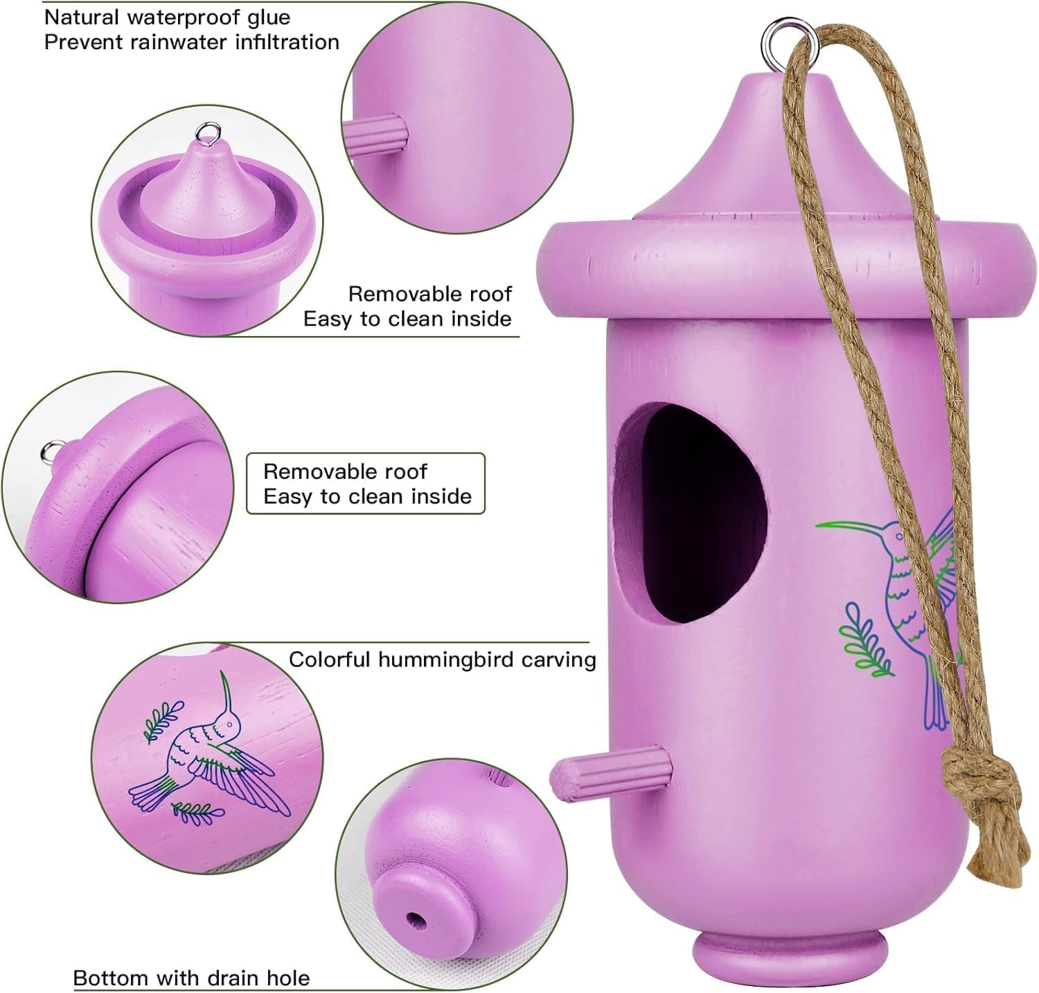 Hummingbird House for Outside Hanging, Garden Window Decorative Wooden Humming Bird Nest 3 Pack Blue Yellow Purple, Hummingbird Gifts for Garden Lovers, Great Home Decoration