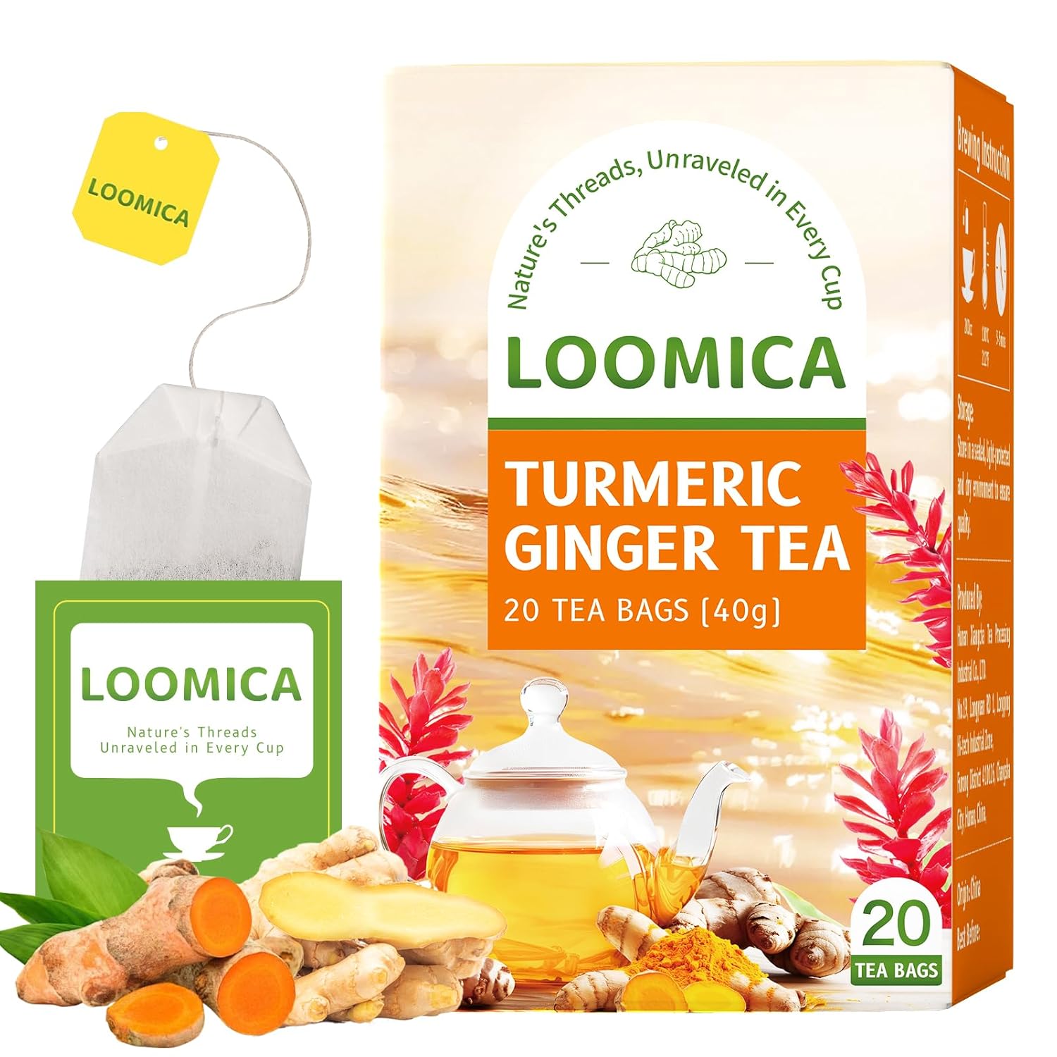 LOOMICA Turmeric Ginger Tea Bags, Caffeine Free, 100% Natural Warm & Spicy Herbal Blend with Zesty Turmeric and Ginger for Comfort, Individually Wrapped Bags, 20 Counts