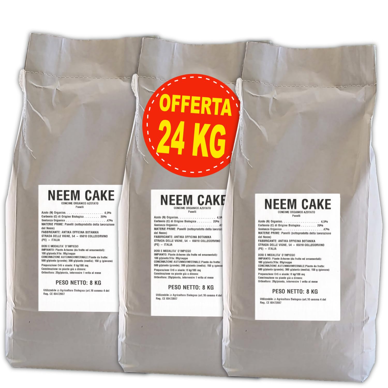 Neem Cake, Concime Biologico Vegetale, 3 Buste da 8 kg, per Orticoltura e Giardinaggio