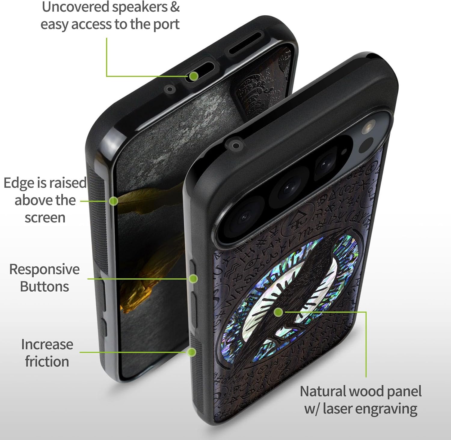 Carveit Designer Wooden Case for Google Pixel 9 Pro XL Case Cover [Wood Engraving & Shell Inlay] Compatible with Wireless Chargers Pixel 9 Pro XL (Haloed Crow-Blackwood)