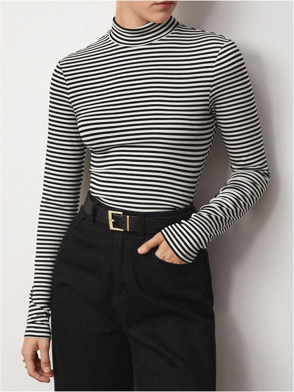 SHENHE Women's Mock Turtleneck Long Sleeve T Shirts Striped Slim Fitted Tee Going Out Tops - Image 2