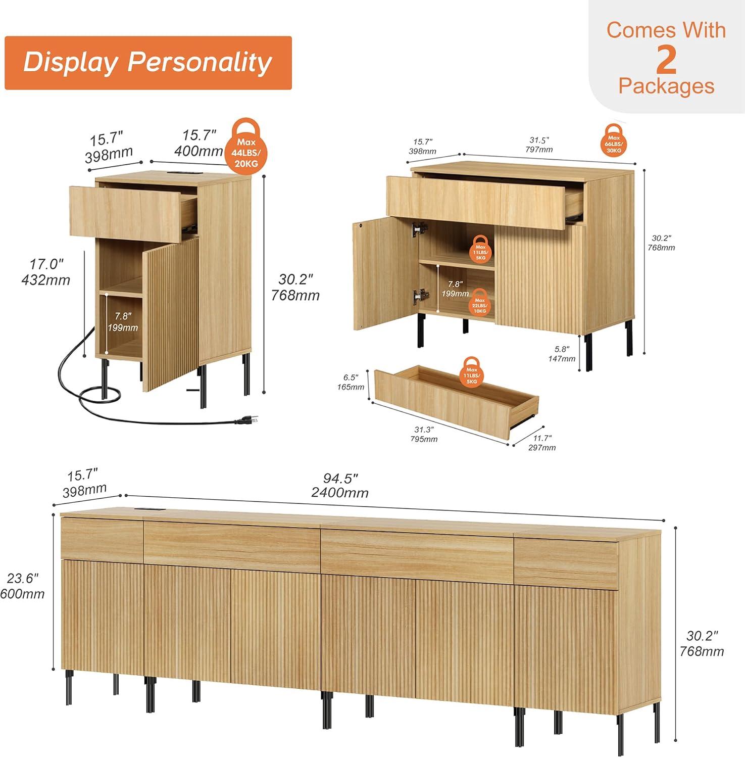 WAMPAT Fluted TV Stand with Storage for 100+ Inch TV,Modern 4 in 1 Entertainment Center with Storage Cabinets,94.5" W Wood Large Media TV Console Cabinet with 4 Drawers & 6 Doors for Living Room,Oak