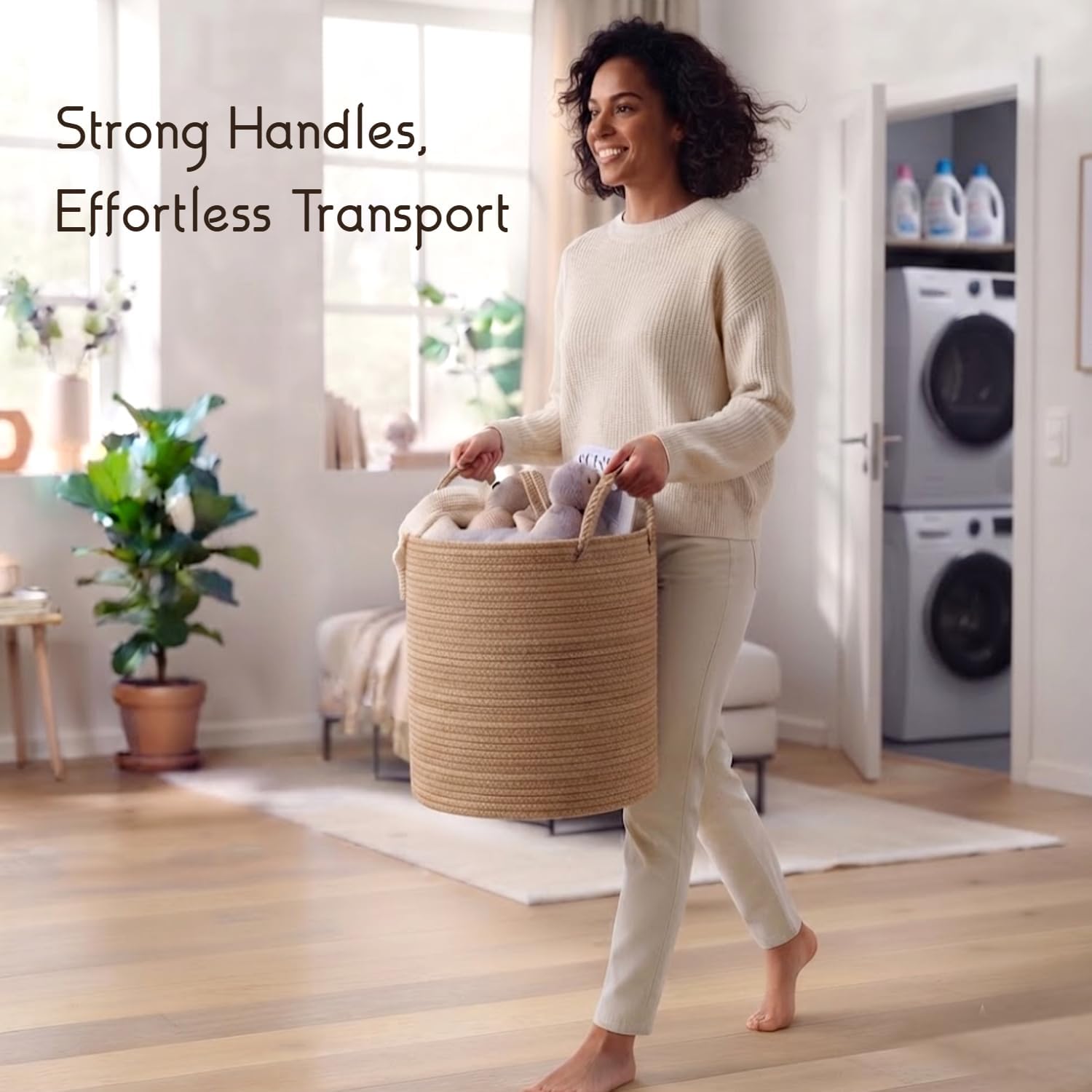 Laundry Basket, 25L Cotton Rope Storage Bin, Woven Collapsible Hamper for Clothes, Toys & Books, Washable Organizer for Nursery, Baby Room, Playroom, Living Room & Bedroom (Jute 25L)