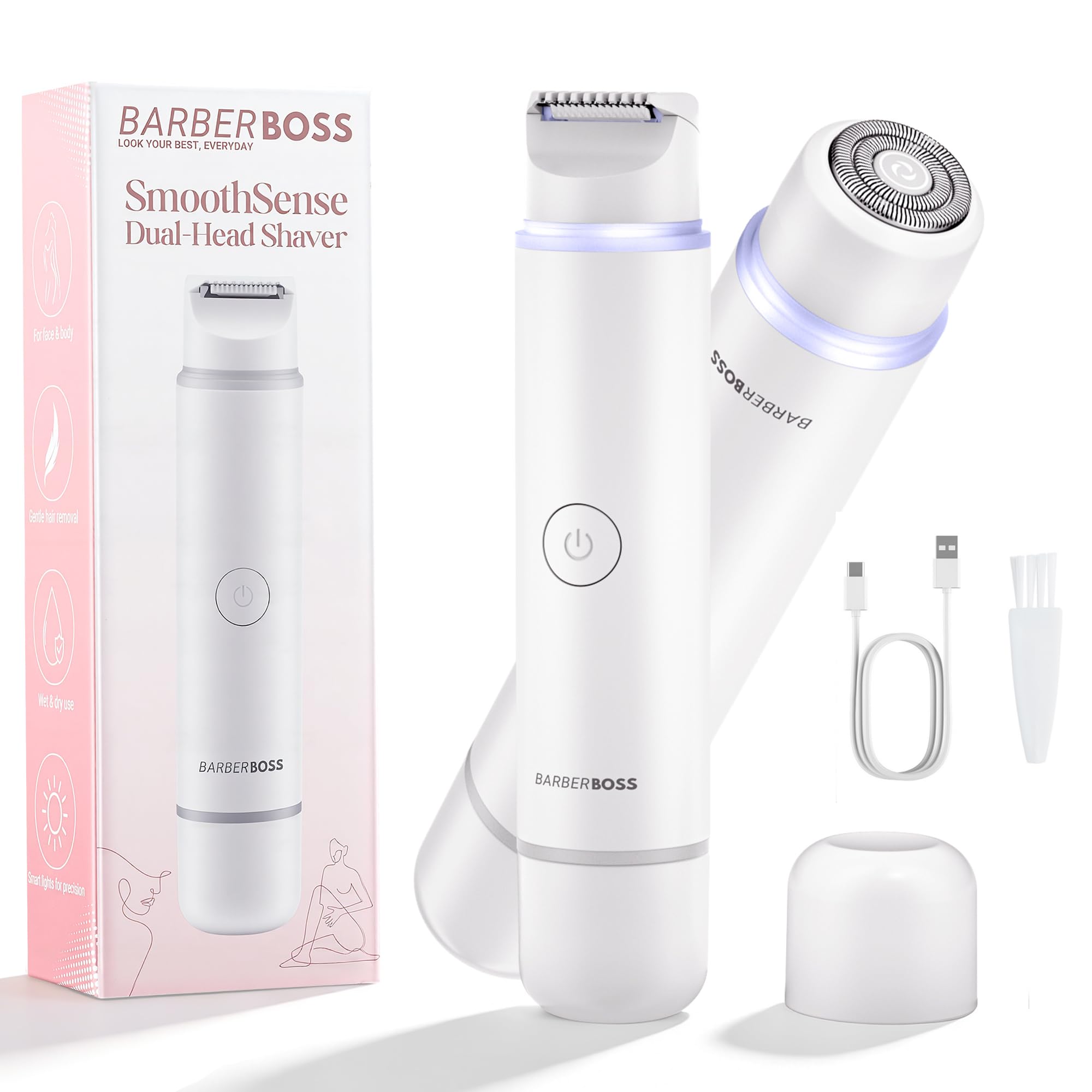 BarberBoss Rasoio da donna 2 in 1, kit per la rimozione dei peli del viso e del bikini, con luce di precisione, set da viaggio ricaricabile (Bianco)