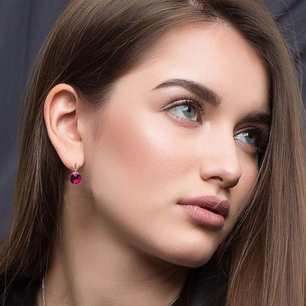 Round Austrian Crystal Drop Leverback Earrings for Women 14K Gold Plated Hypoallergenic Earrings - Image 2