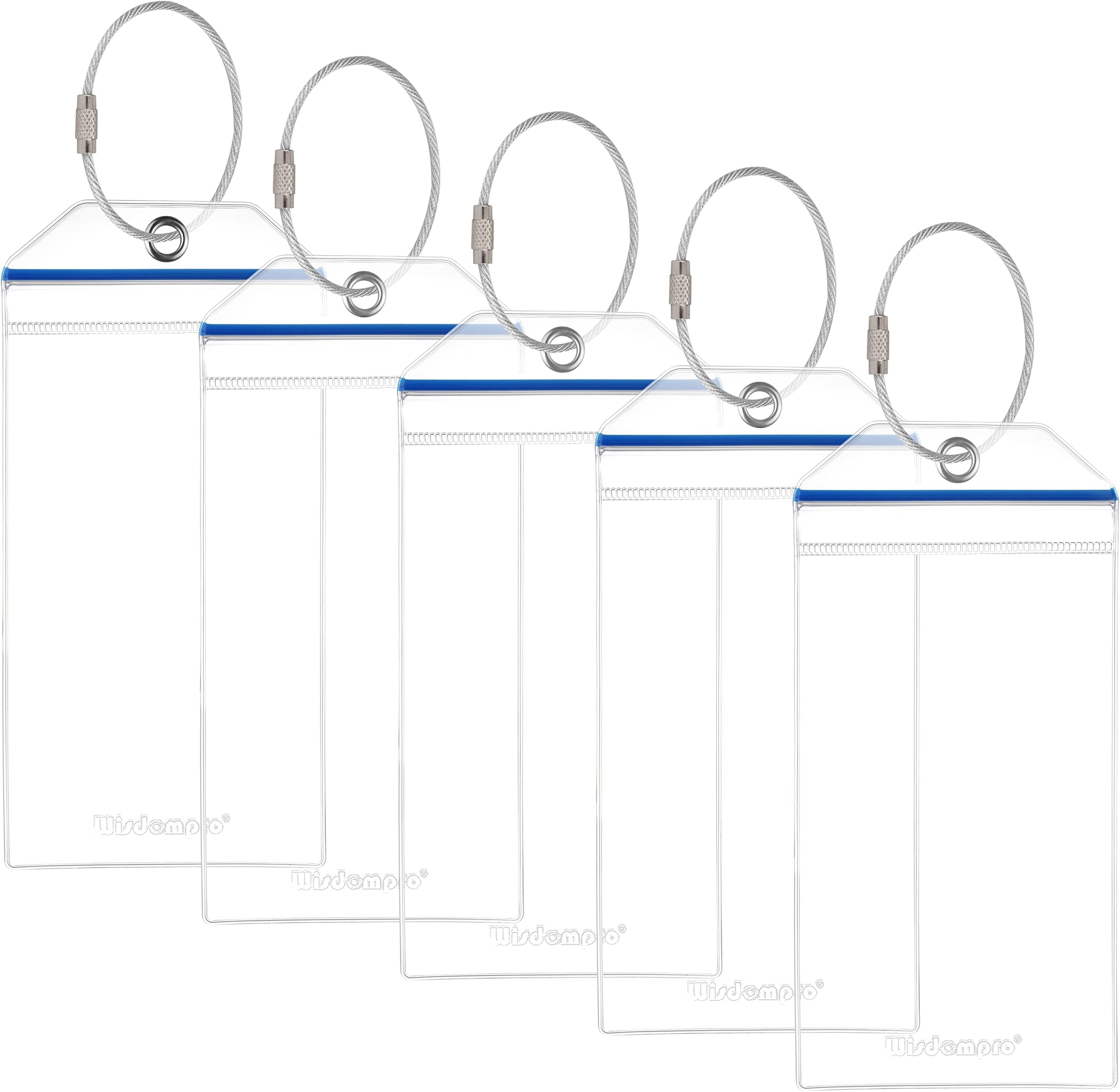 Wisdompro Cruise Luggage Tag Holders, 5 Pack Waterproof Clear Plastic Luggage Labels for Suitcases Cruise with Zip Seal & Steel Loops for Cruise Ships - 3.5 x 7.5 inch