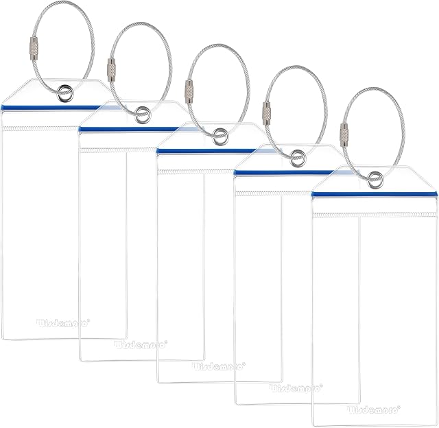 Cruise Luggage Tag Holders, Wisdompro 5 Pack Clear Waterproof PVC Pouch with Zip Seal and Steel Loops for Cruise Ships, Travel - Blue Zip