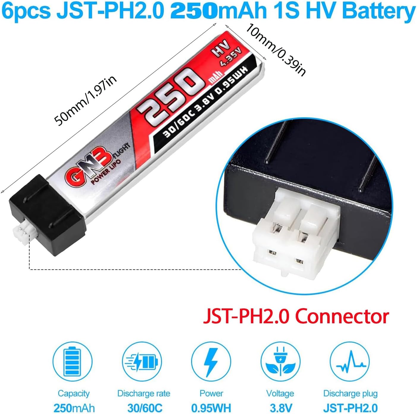6pcs 250mAh 1S Battery 3.8V LiHV 30C/60C JST-PH2.0 Connector LiPo Battery for FPV Racing Drone
