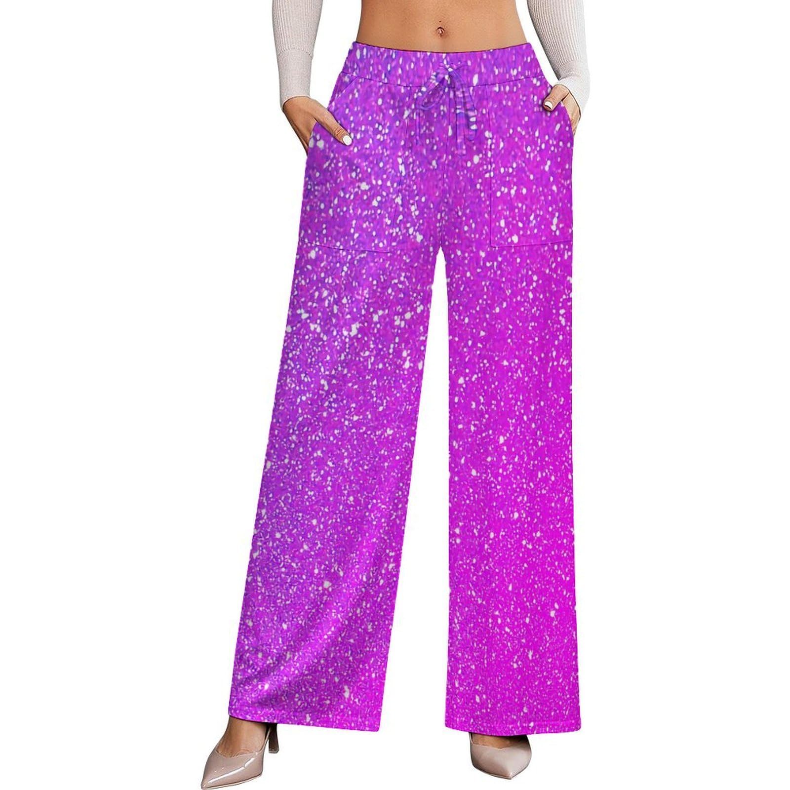Dyale Sparkling Pink Purple Glitter Ombre Colorful Stretch High-Waisted Wide-Leg Pants Womens Versatile Casual WearL