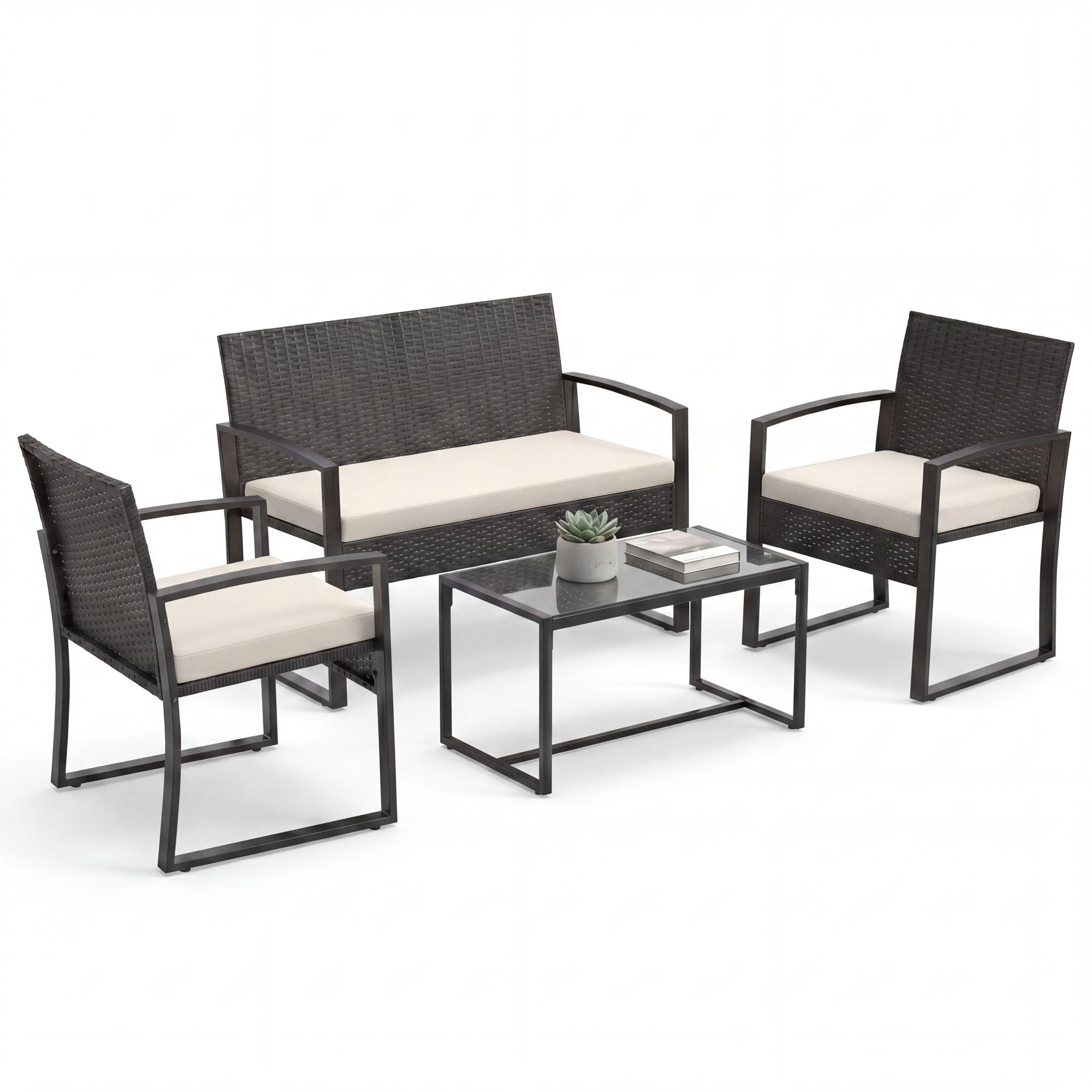 SOARS Conjunto Jardín Exterior de Ratán PE y Metal, Muebles de Jardín de 4 Piezas con Respaldo Inclinado y Cojines de Asiento, Muebles de Exterior con Mesa de Centro para Patio, Jardín (Beige)