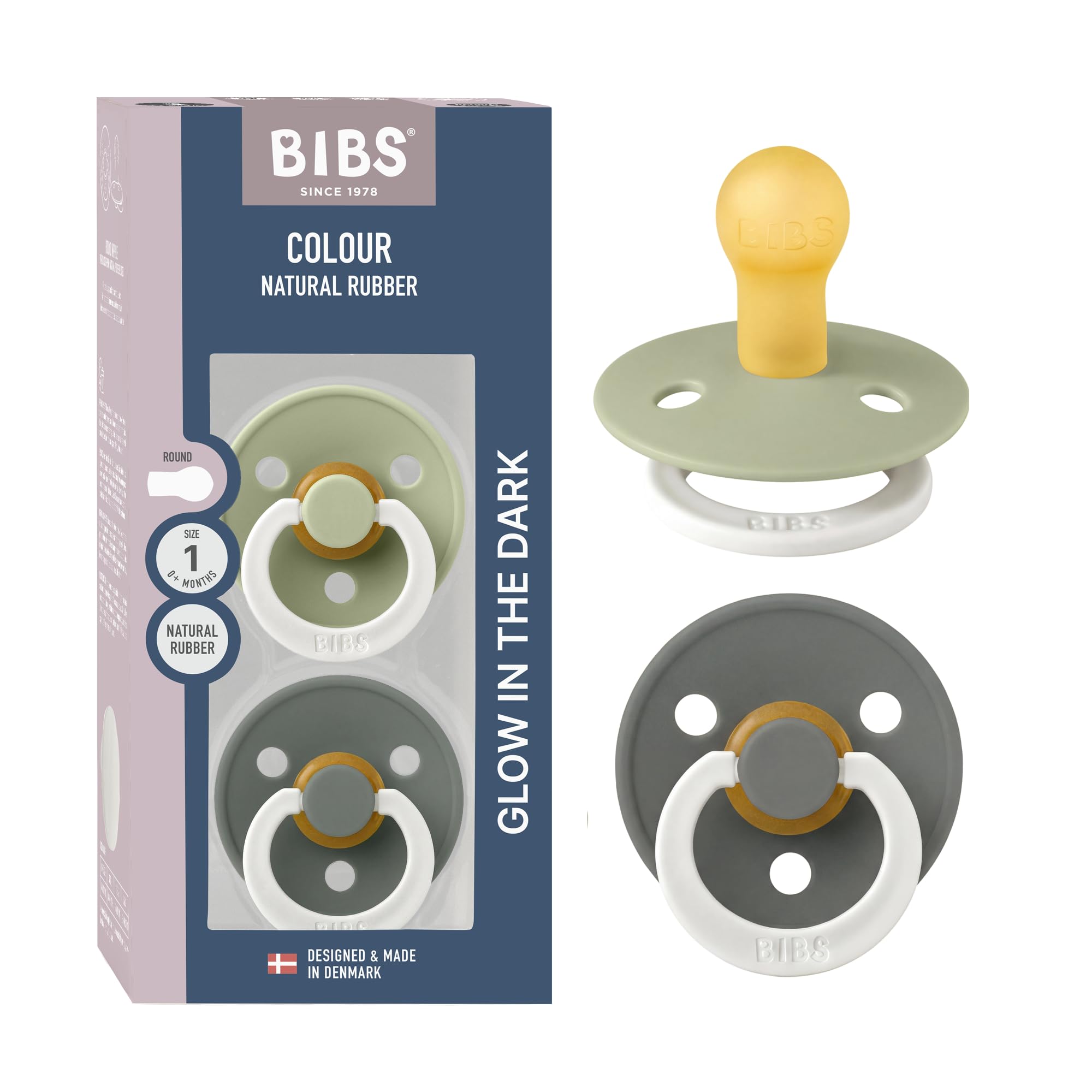 BIBS Colour Glow Dummy, 0-6 Months, 2-Pack, Round Teat, Sage/Pine