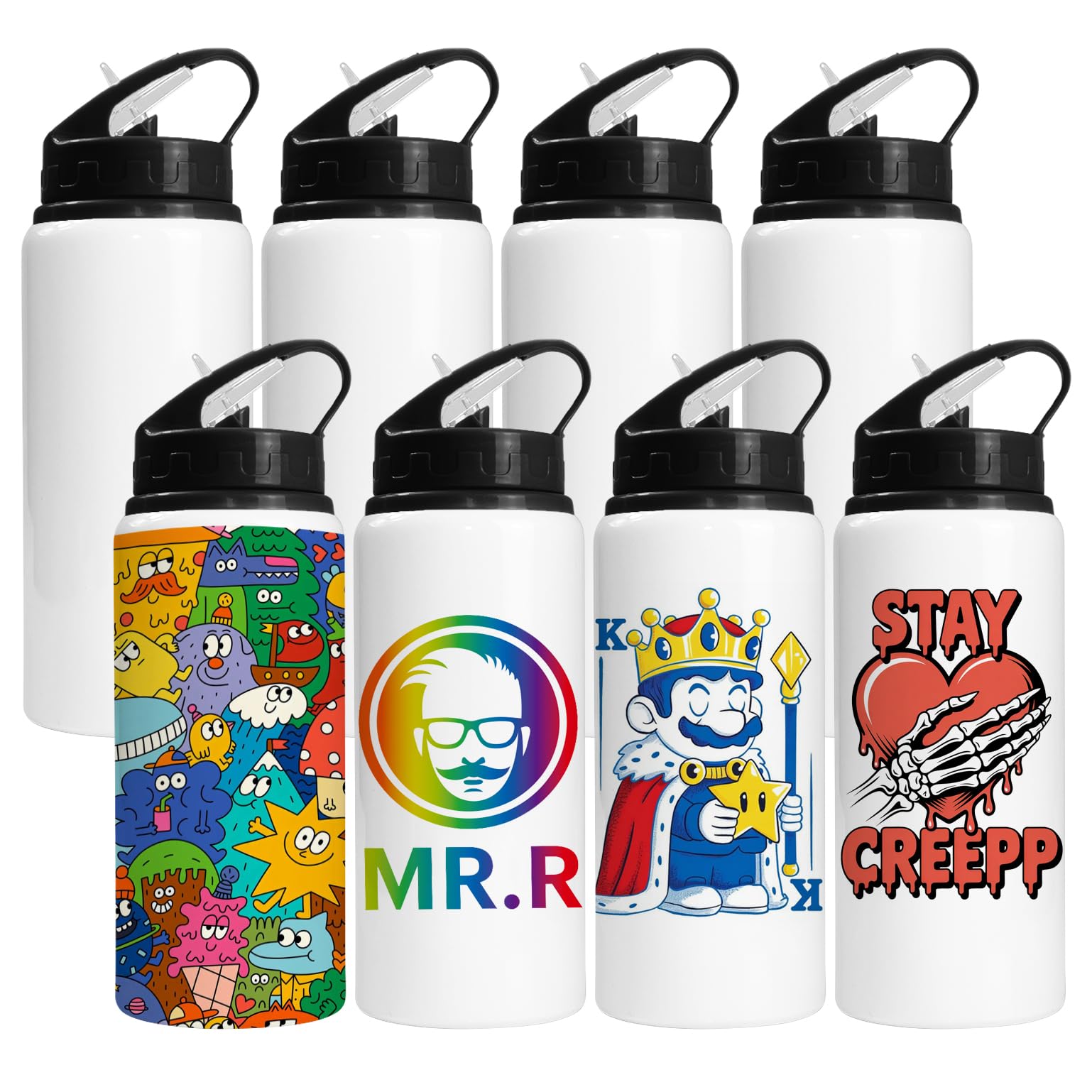 MR.R Confezione da 8 bottiglie bianche in alluminio per sublimazione, 600 ml, per stampa a trasferimento termico, colore nero