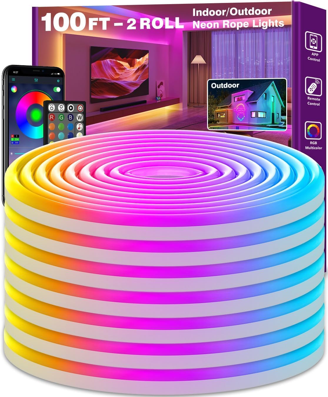 SINLEY 100ft RGB neon rope lights IP68 waterproof