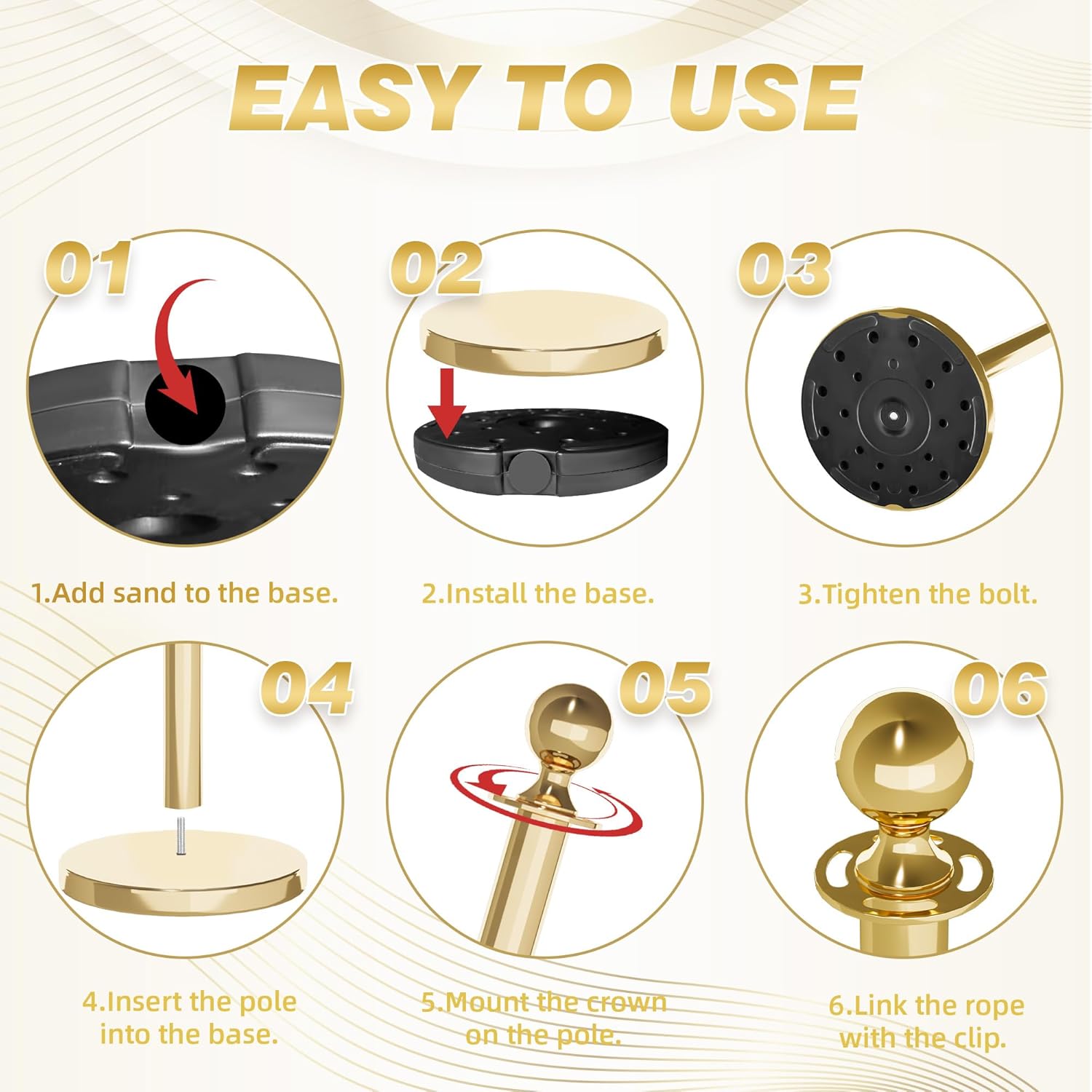 Stainless Steel Stanchion Post, 6 PCS 5FT Red Velvet Rope, Gold Stanchion Post with Ball Top, Hollow Base, Red Carpet Ropes and Poles, Crowd Control Barriers for Party