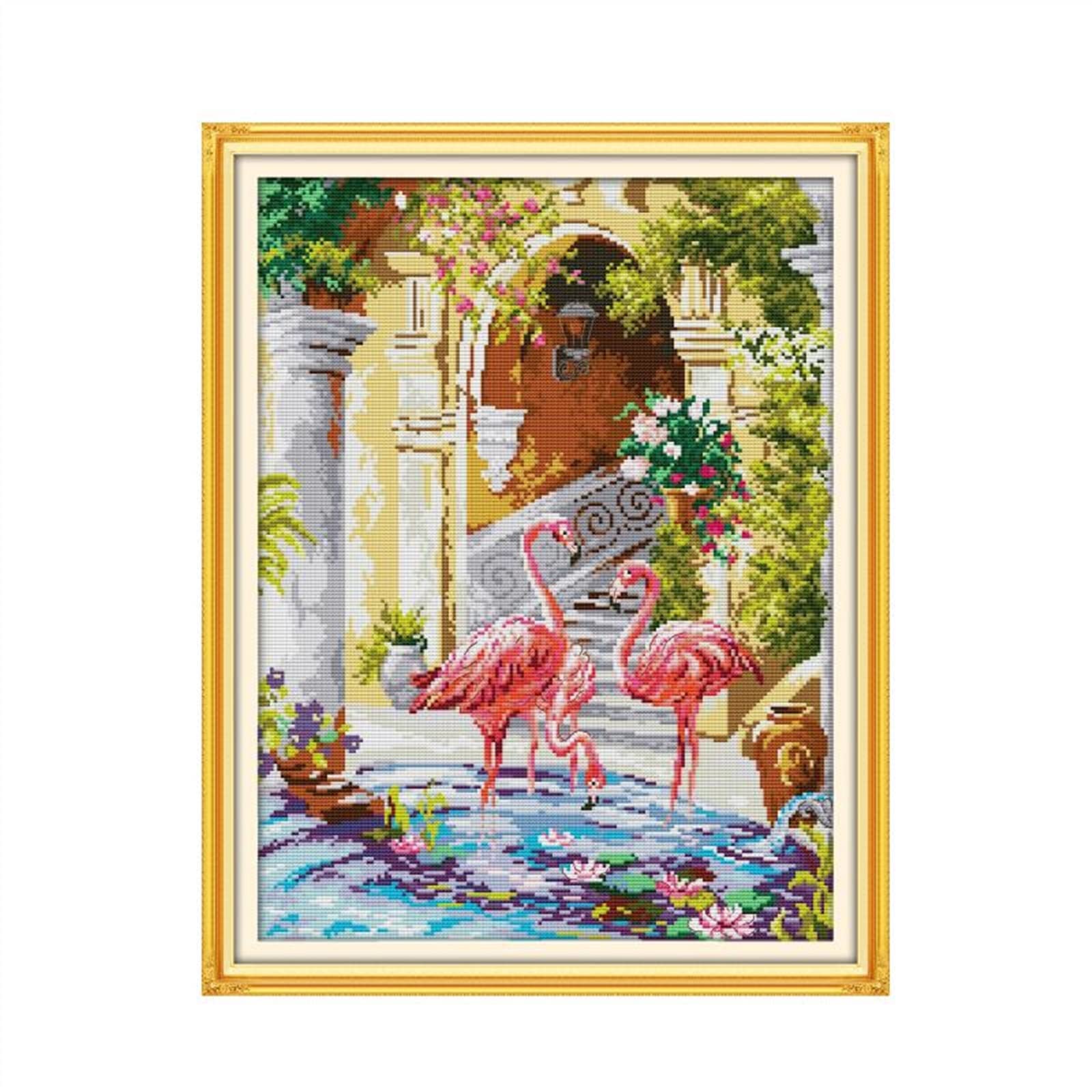 Kruissteek Kits, The Love of Flamingo Awesocrafts Easy Patterns Cross Stitching Embroidery Kit Supplies, Gestempeld of geteld opties voor volwassenen Beginners Kids Gifts (Flamingo, geteld