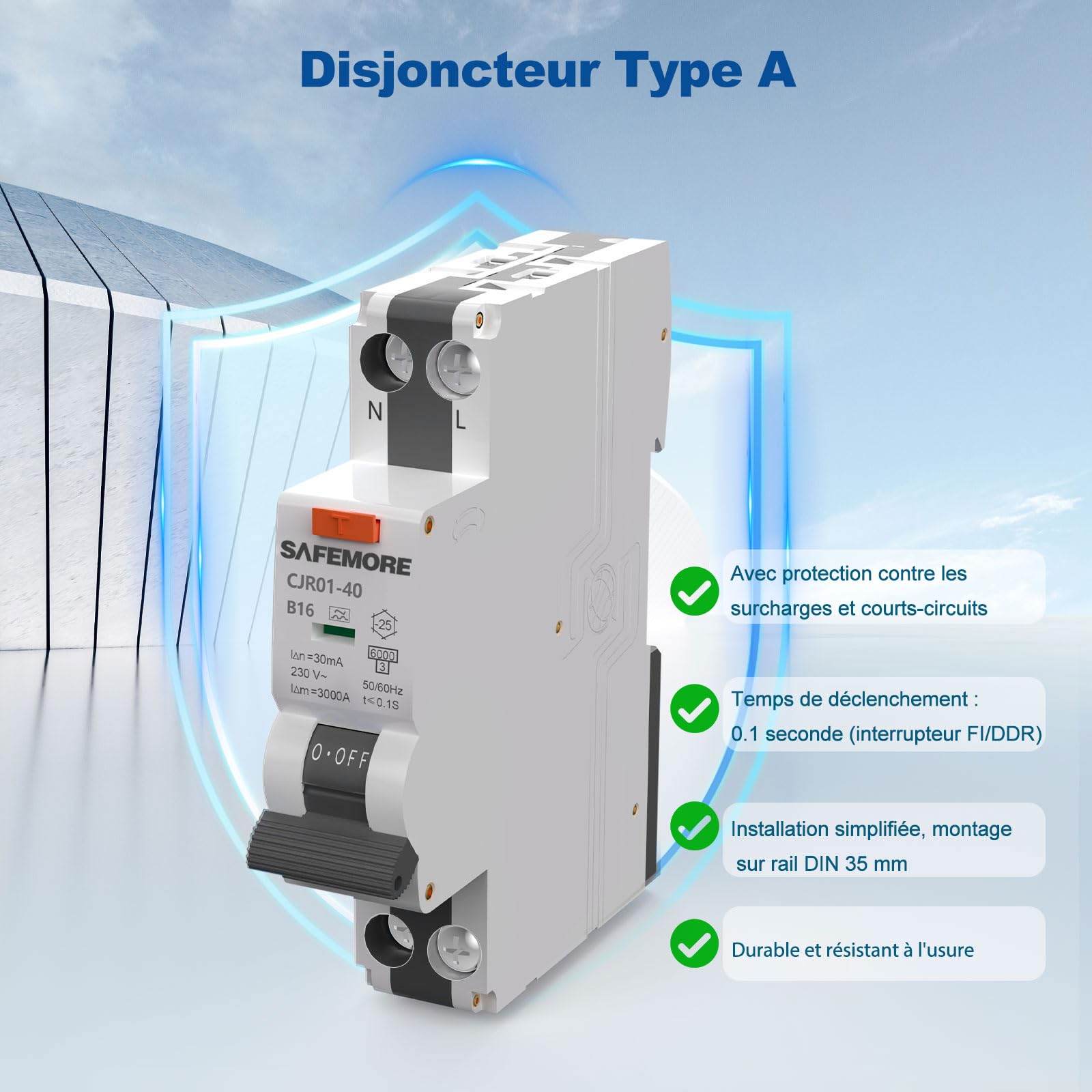 Disjoncteur Différentiel RCBO 16A 30mA Type A 1P+N, SAFEMORE Interrupteur différentiel Courbe B - Haute Sensibilité - Rail DIN, Homologué TÜV