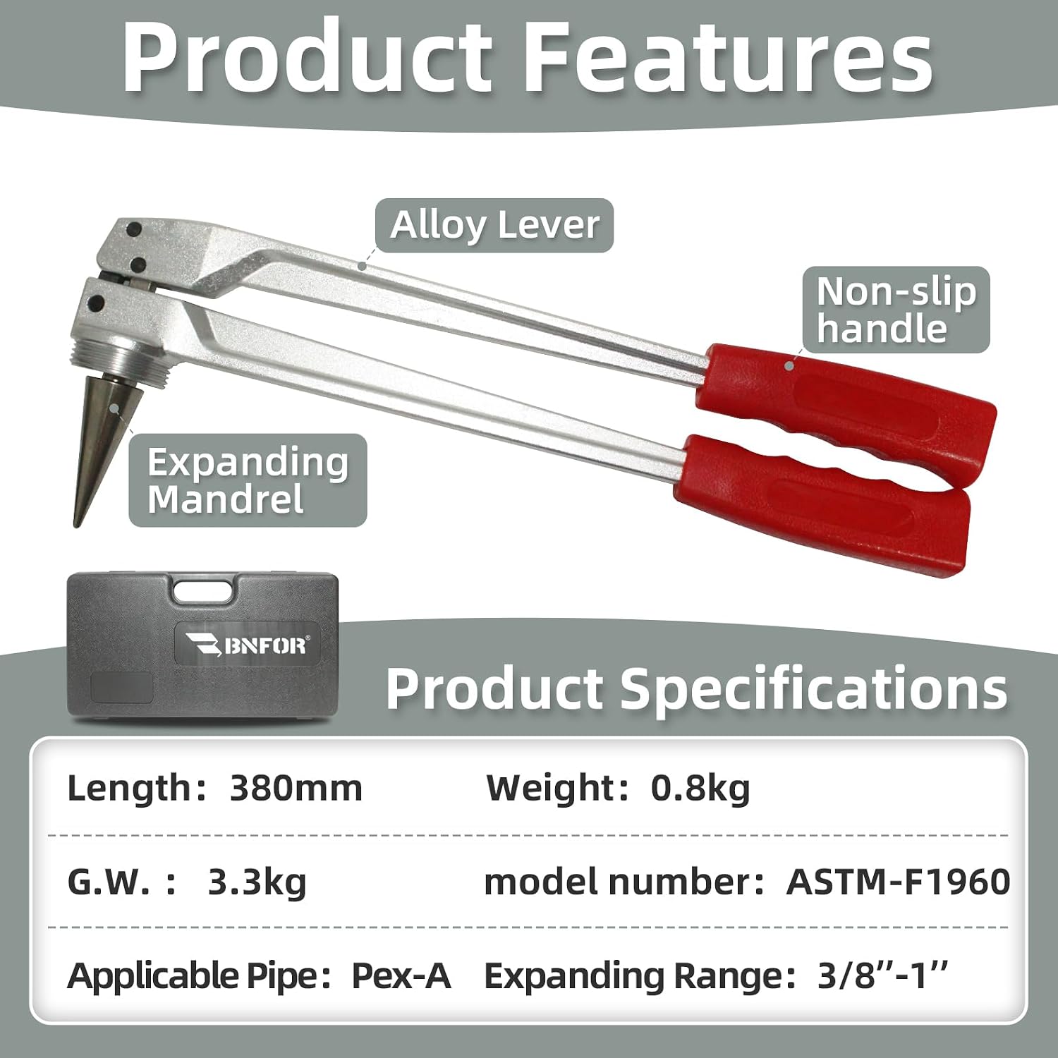 PEX Expansion Tool Kit, Manual PEX-A Expander Tool for F1960 Expansion Fittings, Labor-Saving Lever Design with 5 Interchangeable Expanding Heads 3/8" 1/2" 5/8" 3/4" 1"