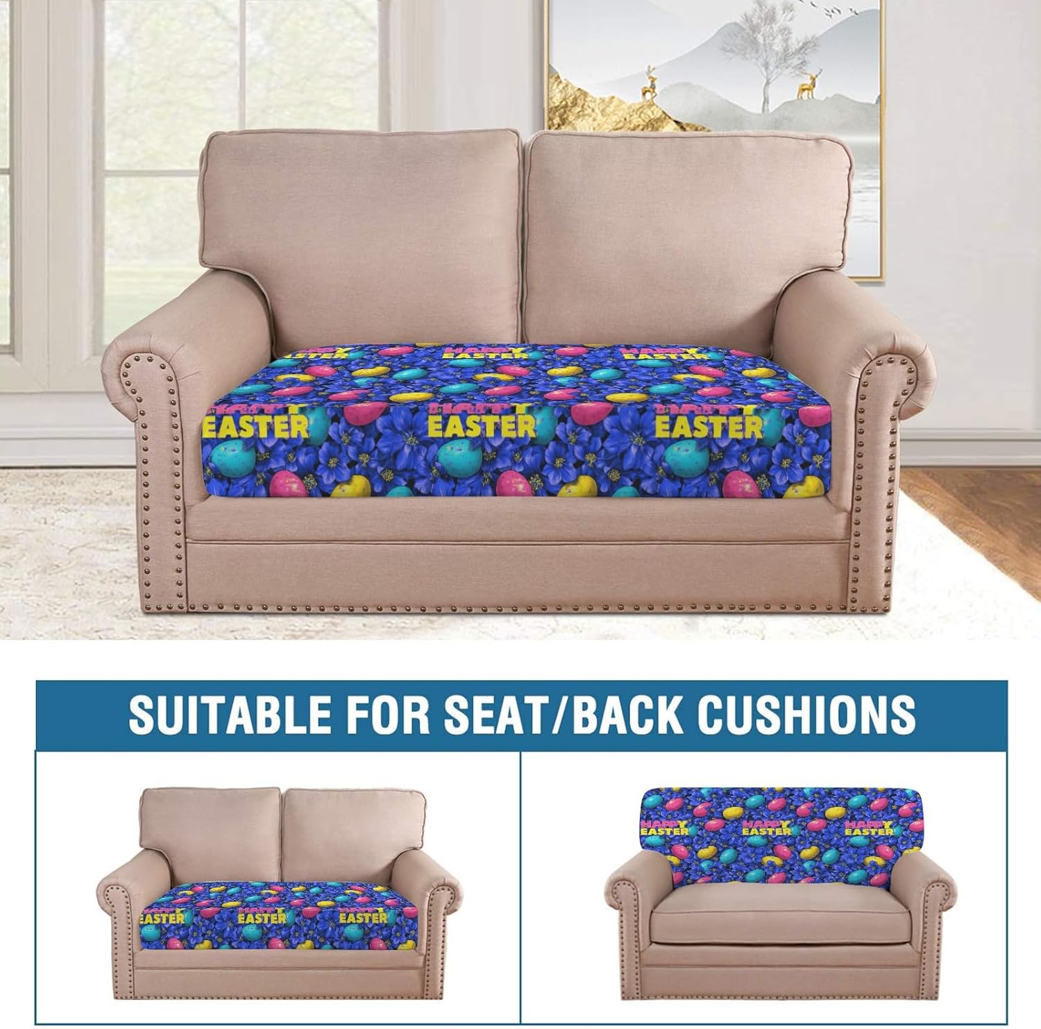 Vibrant Easter Bloom Blue Loveseat Covers Couch Covers for 2 Cushion Couch, 2-Piece Stretch Sofa Slipcovers Anti-Slip Washable Furniture Protectors for Dogs Pets