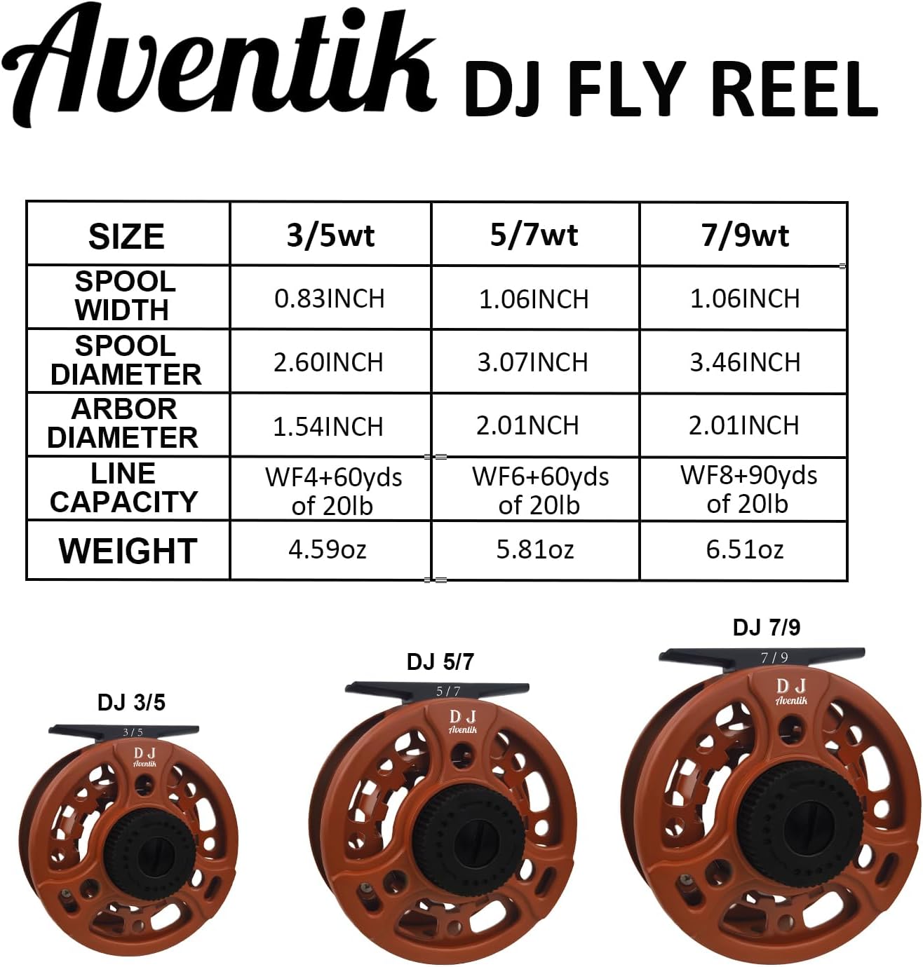 Aventik DJ Fly Reel 3/5 5/7 7/9 Super Large Arbor Fly Fishing Reel Fresh Water and Salt Water Aluminum Fly Reel Three Colors to Choose
