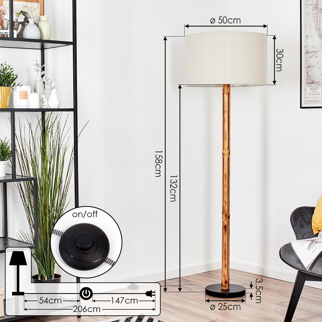 HOFSTEIN Stehleuchte Flemming, Stehlampe aus Holz im modernen Boho-Design, Schirm aus Stoff, Ø 50 cm, 158 cm, E27, mit Fußschalter - Wohnzimmer, Schlafzimmer, Esszimmer, Flur