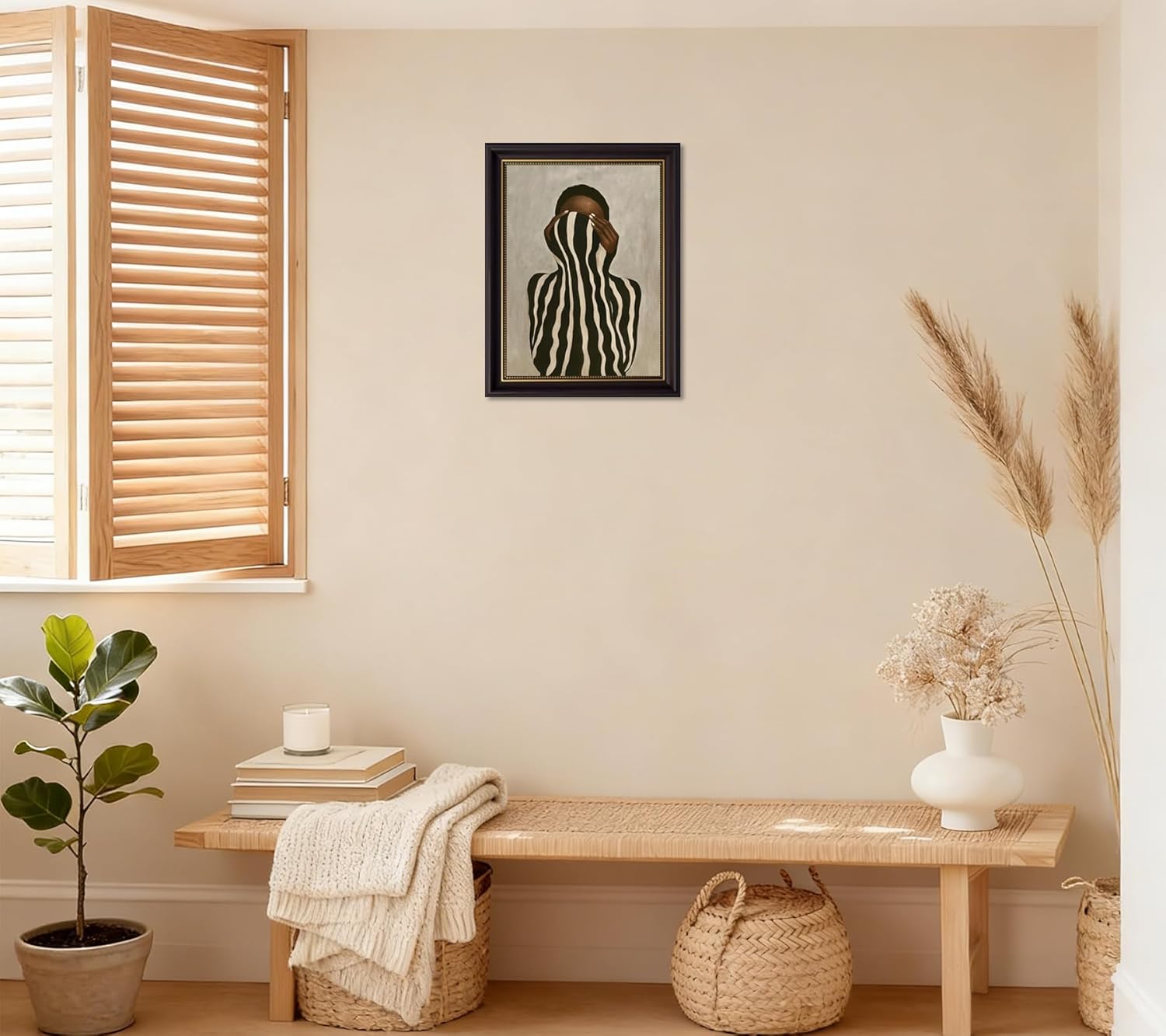Dark Brown Framed Canvas Wall Art, Black White Striped Black Women Painting Picture Wall Decor, Abstract African Americans Poster Print, for Bedroom, Bathroom, Gallery, Home Decoration 12x16in