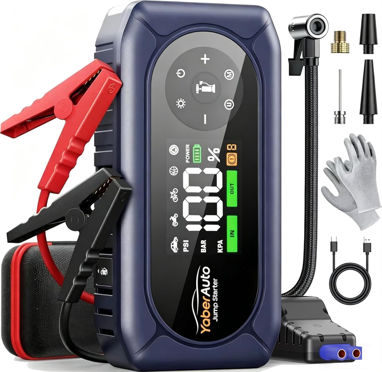 Car Battery Jump Starter with Air Compressor, 6000A YaberAuto Portable Car Jump Starter (9.0L Gas/8.0L Diesel) with 150PSI Inflator, Insulated Gloves, Large Screen and LED Flashlight