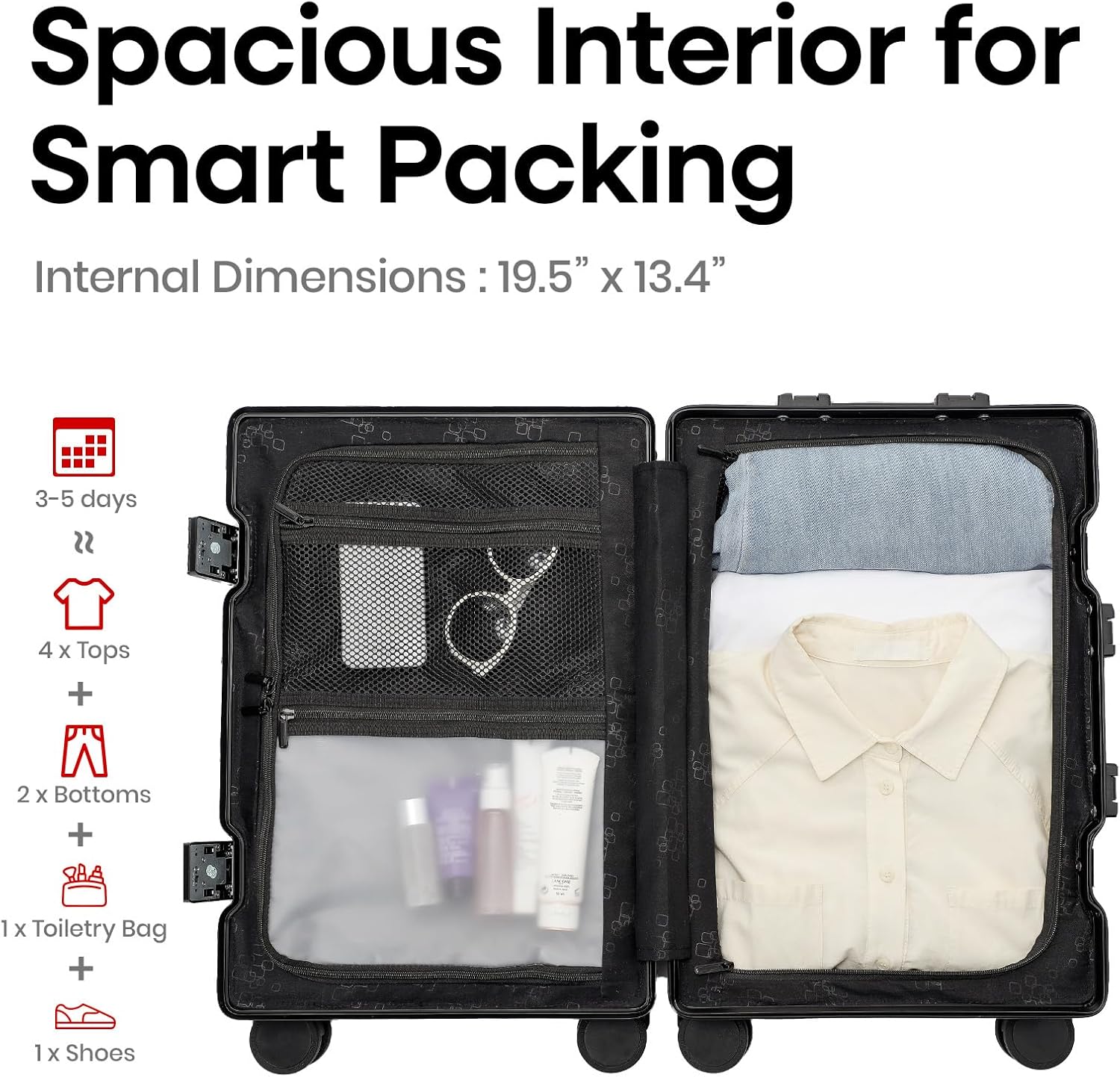 20 Inch All Aluminum Carry On Luggage 22x14x9 Airline Approved with Spinner Wheels,Hard Shell Zipperless Lightweight Small Suitcase with TSA Approved for Travel Business Women Men,Black - Image 7