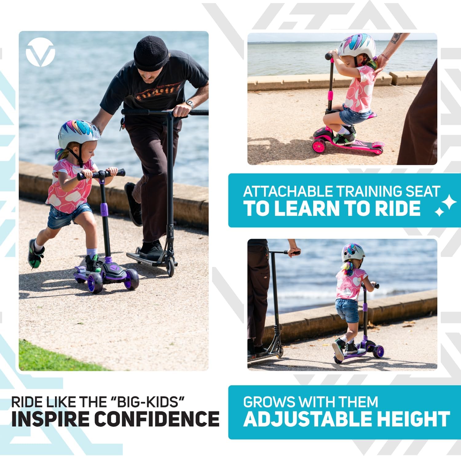 Vital Tyke 3 Wheel Kids Scooter | LED Light-up Wheels, Foldable, Tool-Free Adjustable Handlebar & Removable Seat, for Ages 3-8