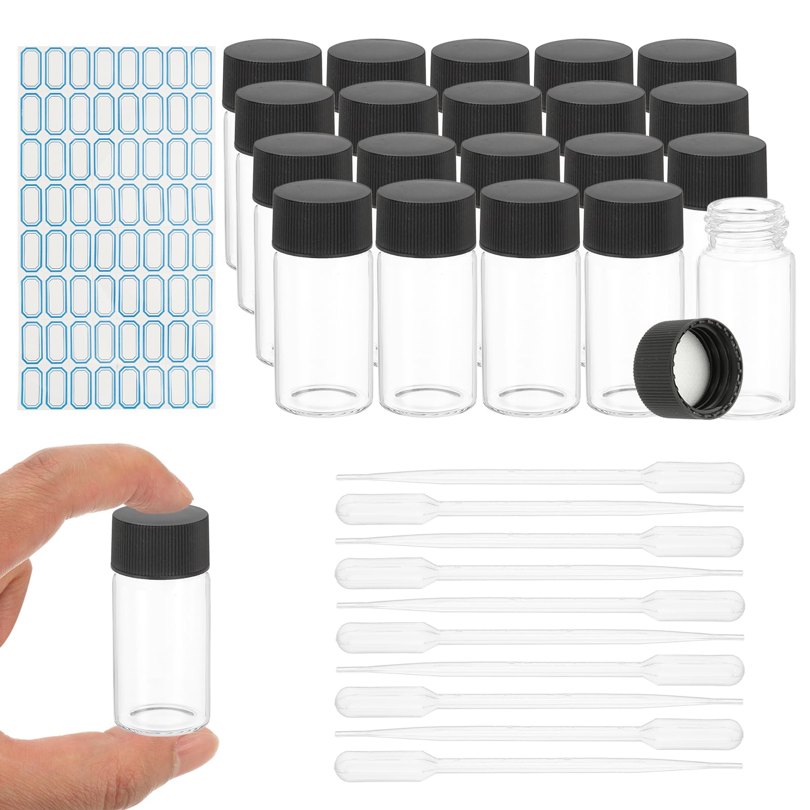 Fioles d'échantillons en verre transparent avec bouchons hermétiques et compte-gouttes
