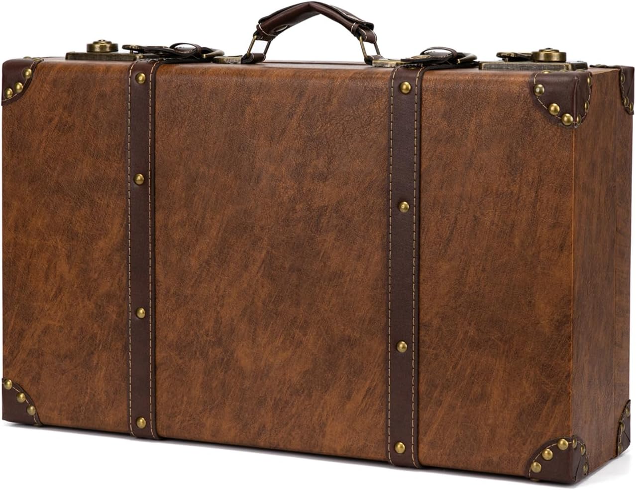 feilario vintage leather storage trunk small portable decorative luggage suitcase movie prop luggage- 2 size option, brown (brown, l) brown large